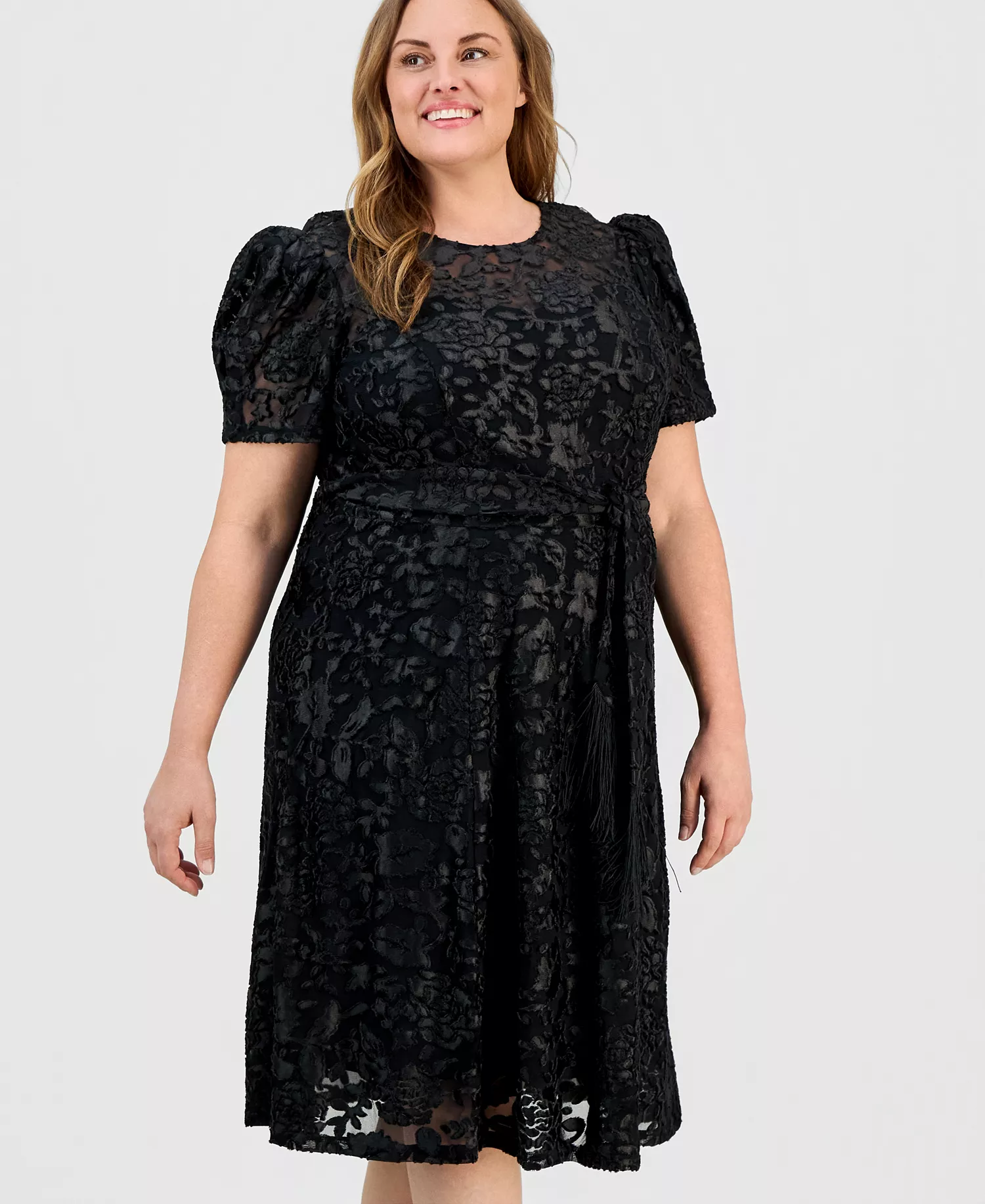 Plus Size Puff-Sleeve Burnout Midi Dress - Black - 14W
