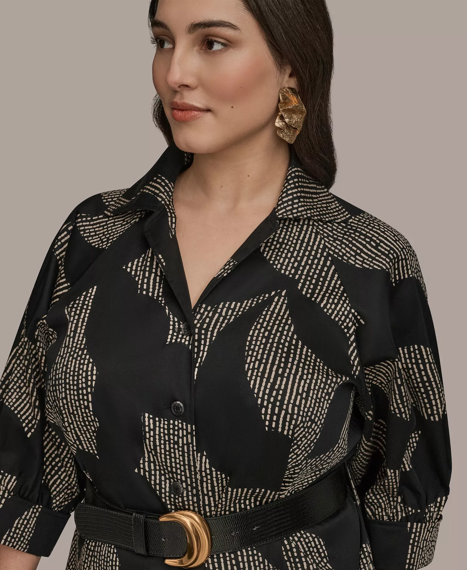 Plus Size Belted Shirt Dress - Black/Sand - 14W