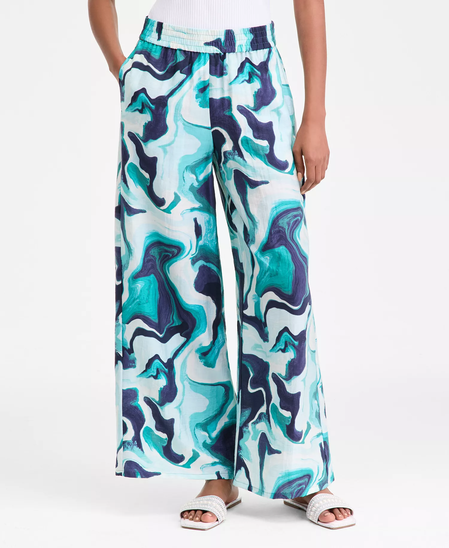Women's Printed Pull-On Wide-Leg Pants, Macy's Exclusive - Hattie Dye Teal - L - Regular