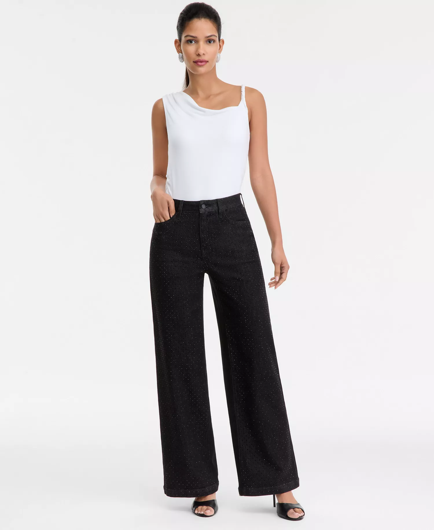 Women's High-Rise Wide-Leg Embellished Jeans, Macy's Exclusive  - Washed Bla - 10