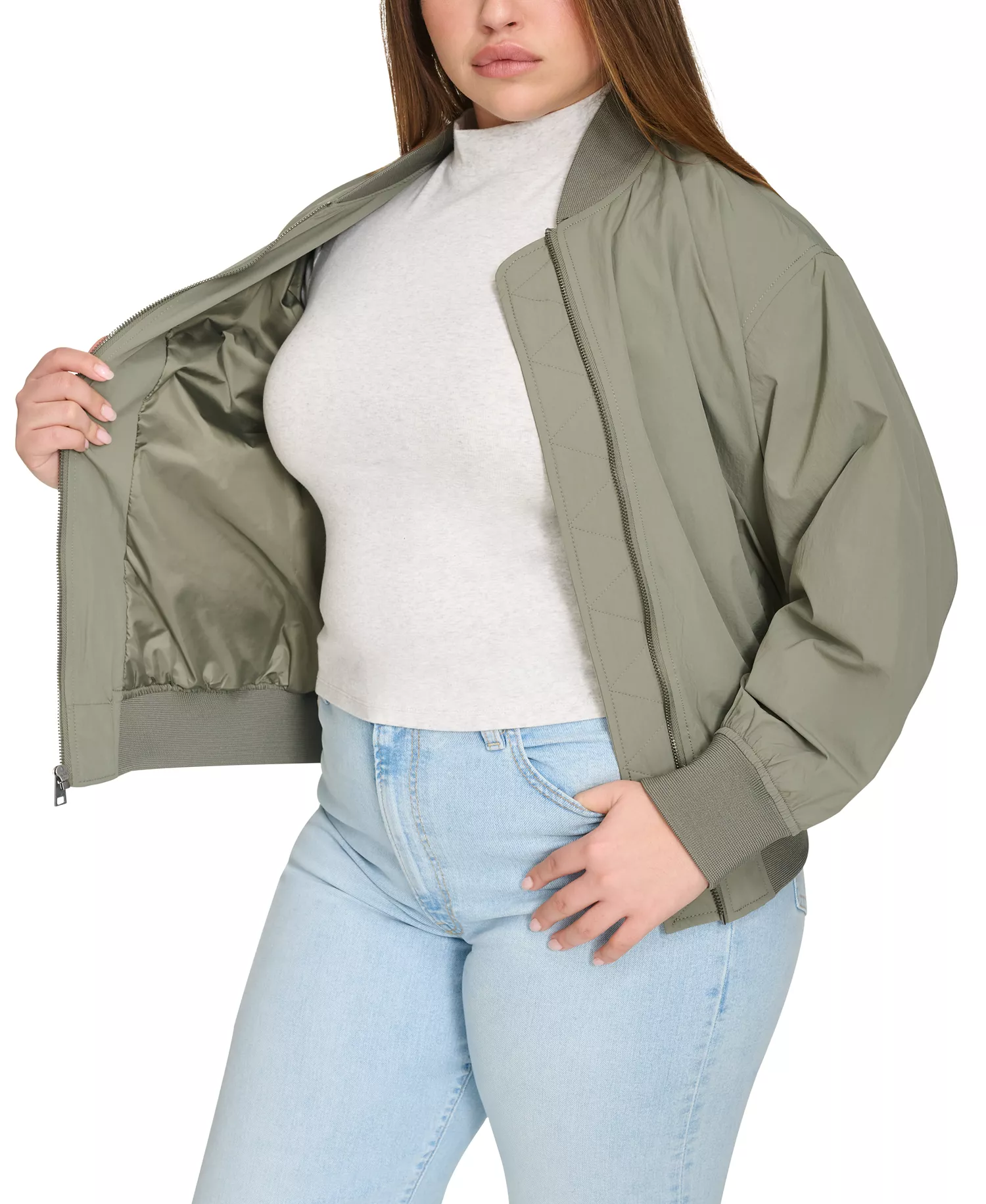 Trendy Plus Size Lightweight Zip-Front Bomber Jacket - Sage - 1X