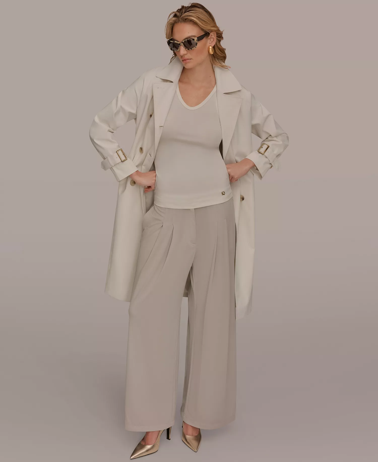 Women's Double Breasted Belted Notch Collar Trench Coat - Cream - L