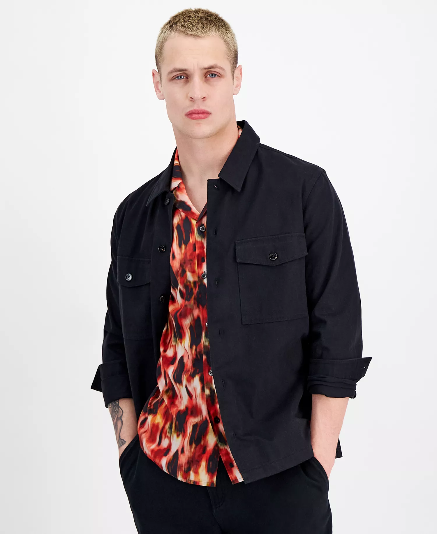 Men's Oversized-Fit Shirt Jacket - Black - L