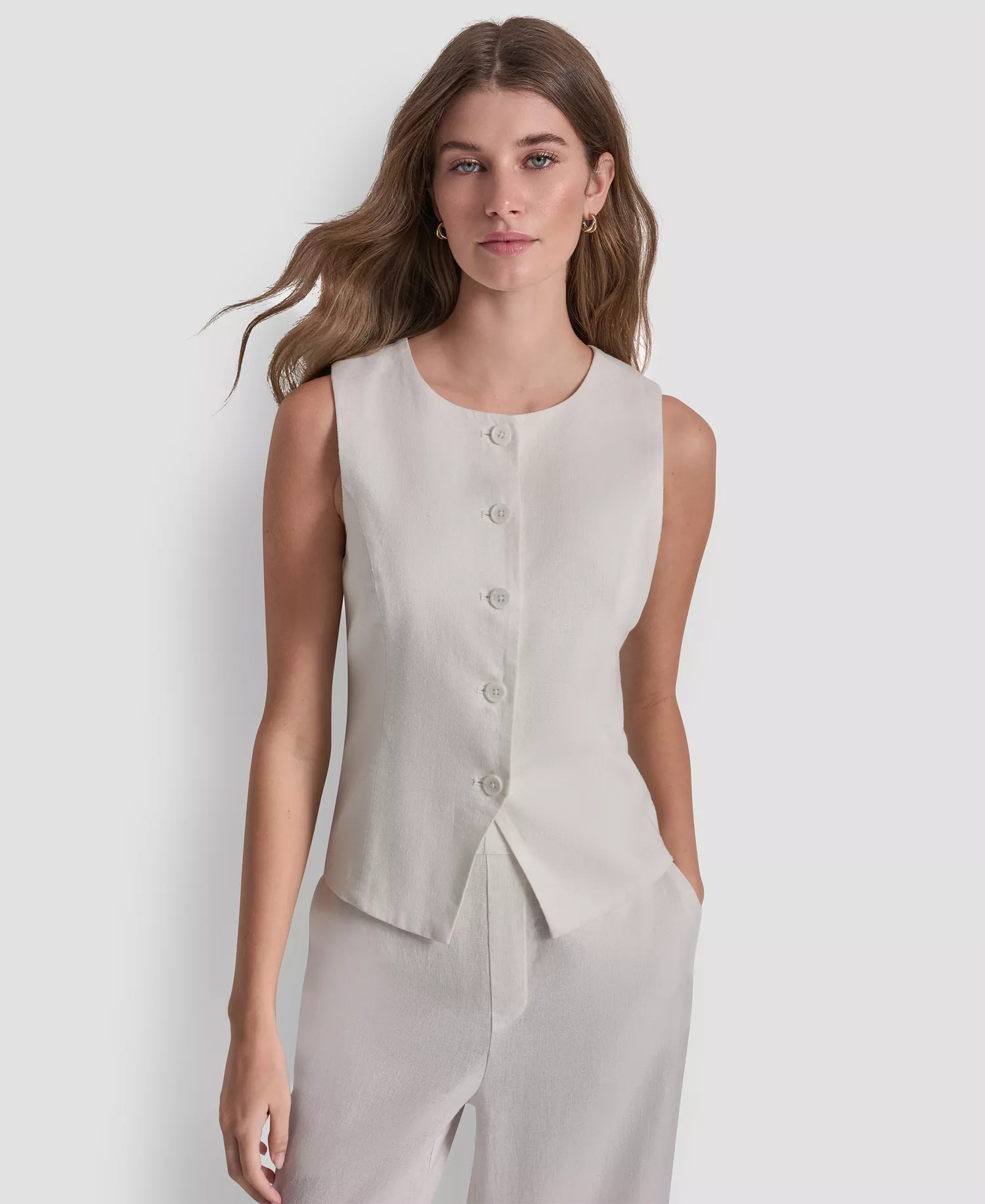 Women's Linen-Blend Crewneck Button-Front Vest - Ivory - L