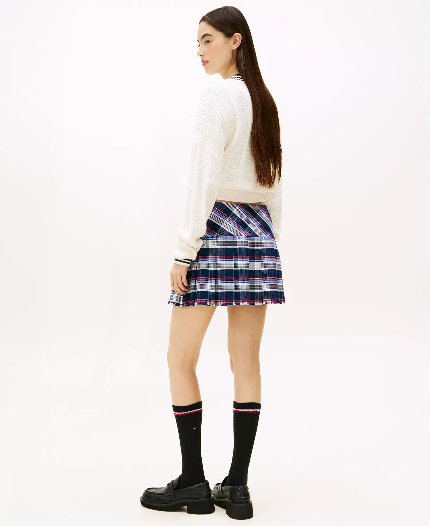 Women's Plaid Structured Pleated Mini Skirt - Navy Tartan - L