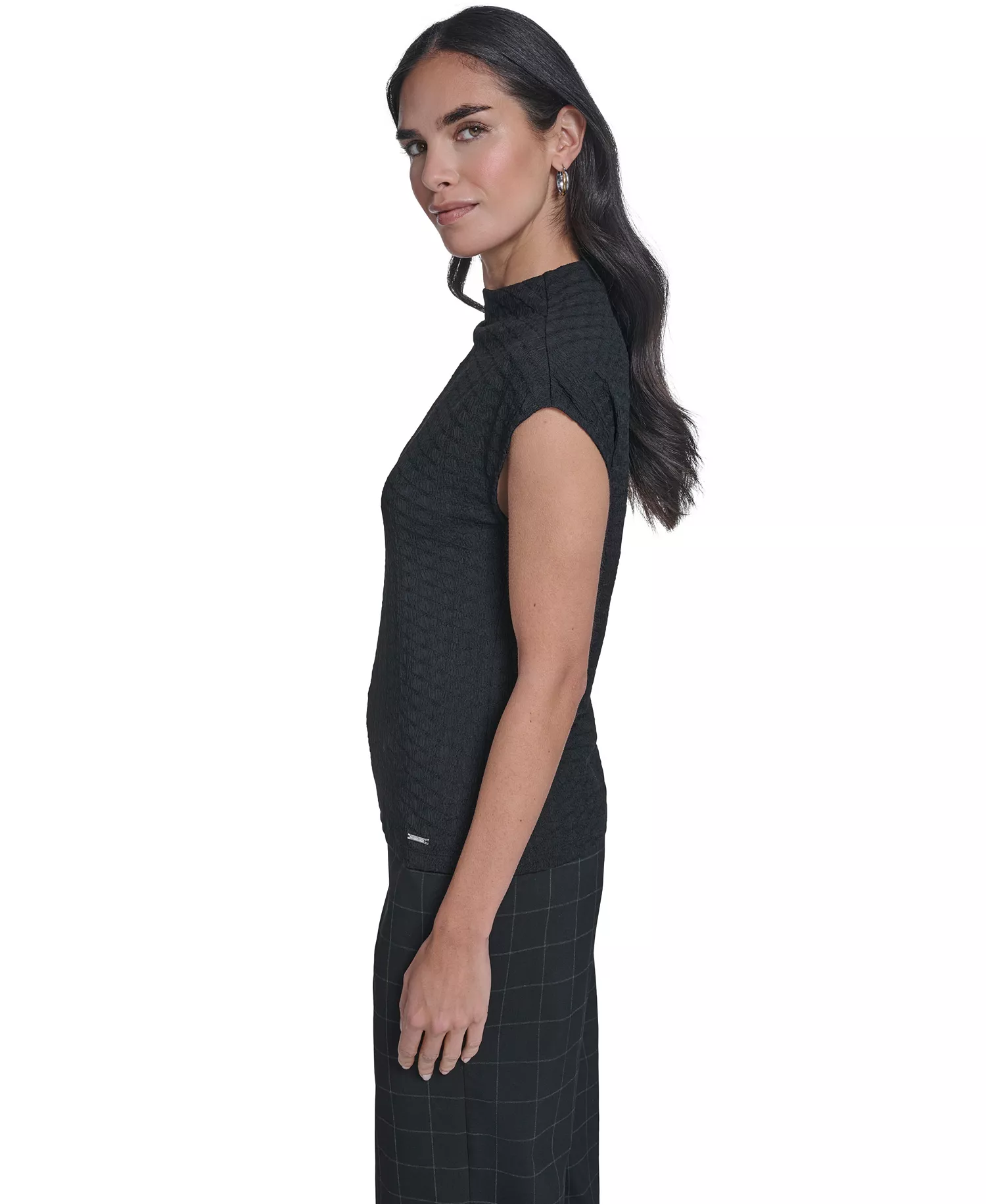 Women's Textured Mock Neck Cap Sleeve Top - Black - L