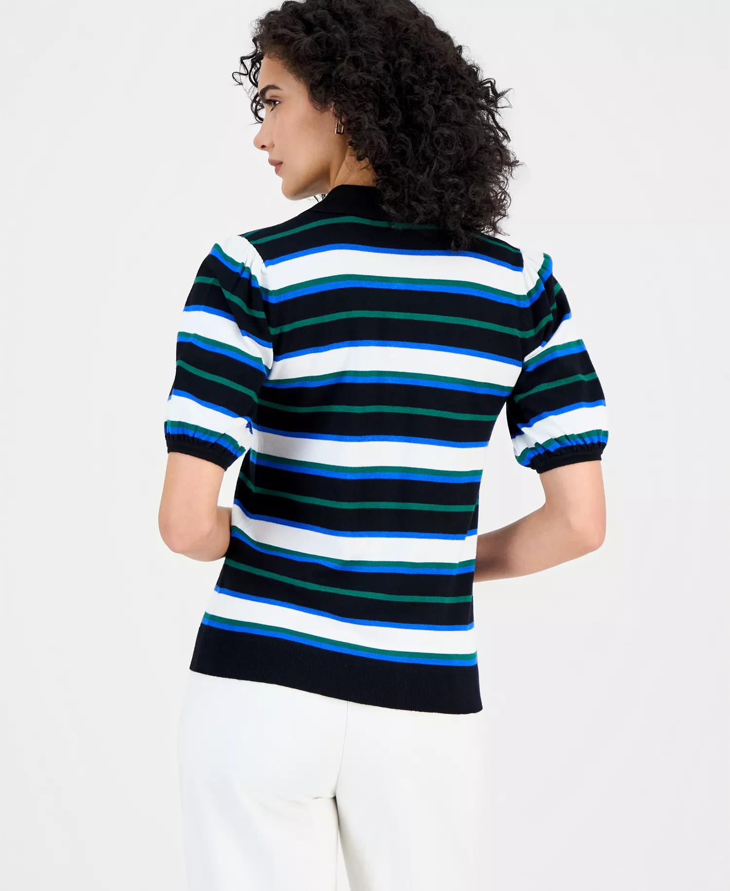 Women's Striped Elbow-Sleeve Polo Shirt - Bk/twlt Sk - L