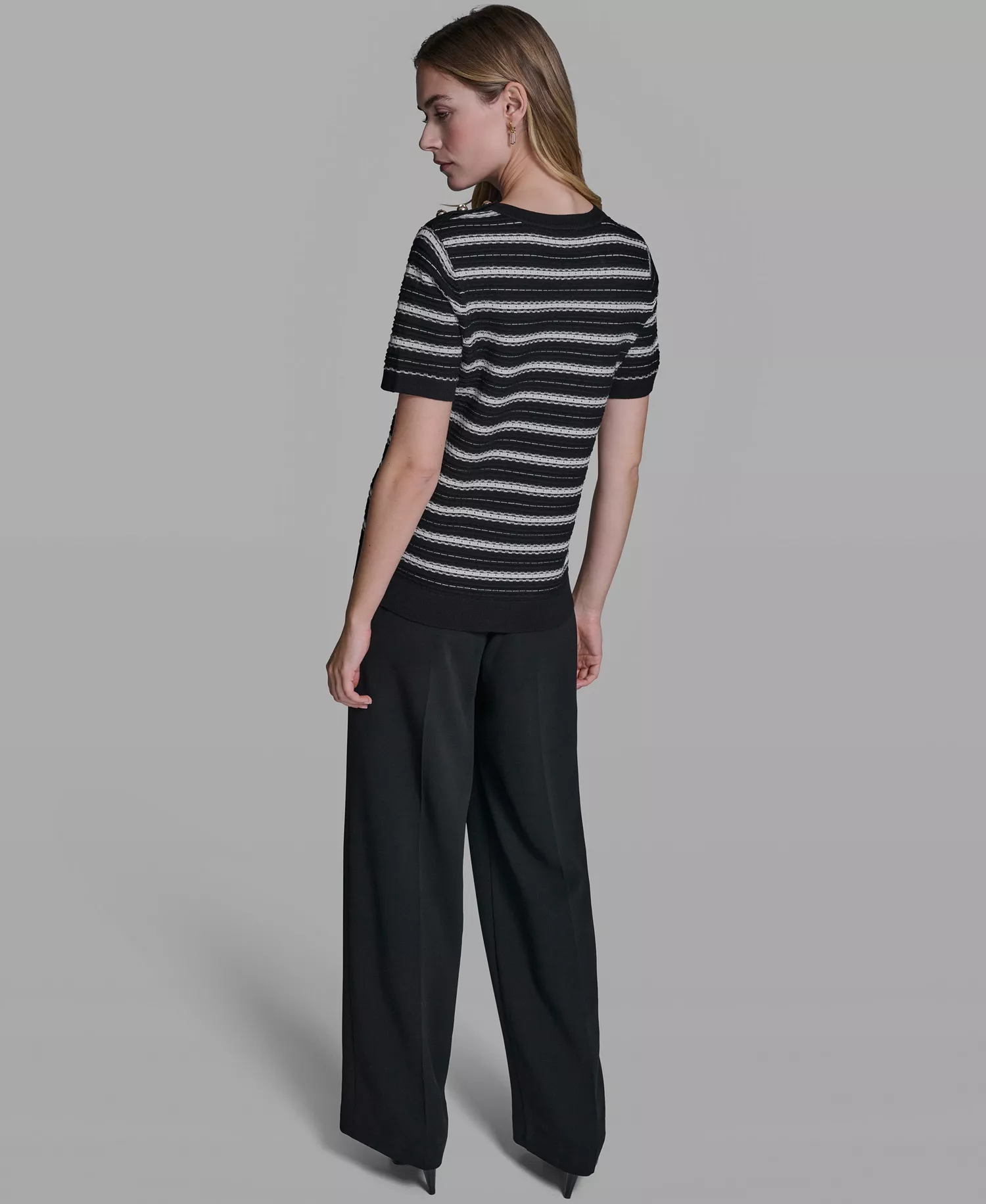 Women's Striped Crew Neck Pointelle Sweater - Black/bisque - L