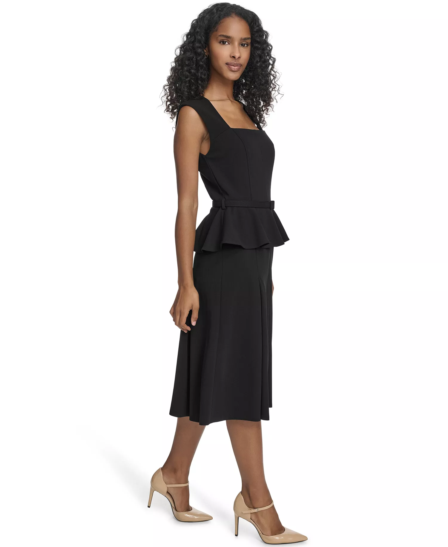 Women's Square-Neck Belted Midi Dress - Black - 10