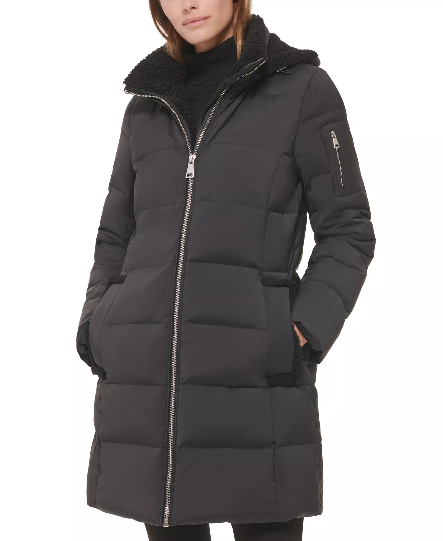 Women's Sherpa-Trimmed Hooded Down Puffer Coat - Black - S