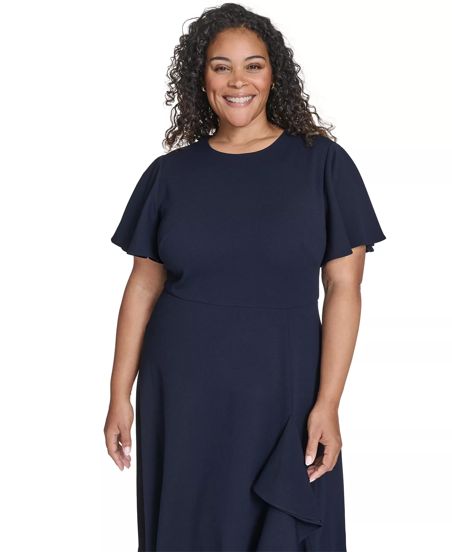 Plus Size Flutter Sleeve Round Neck Midi Dress - Indigo - 14W