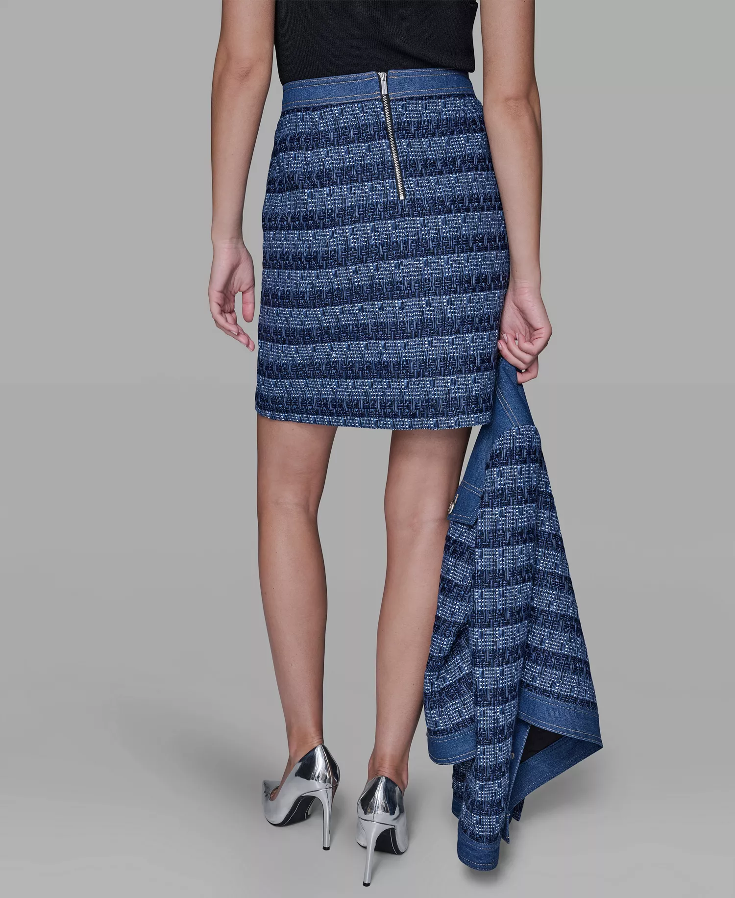 Women's Tweed and Denim Zipper Mini Skirt - Blue Aura/french Blue Multi - 0