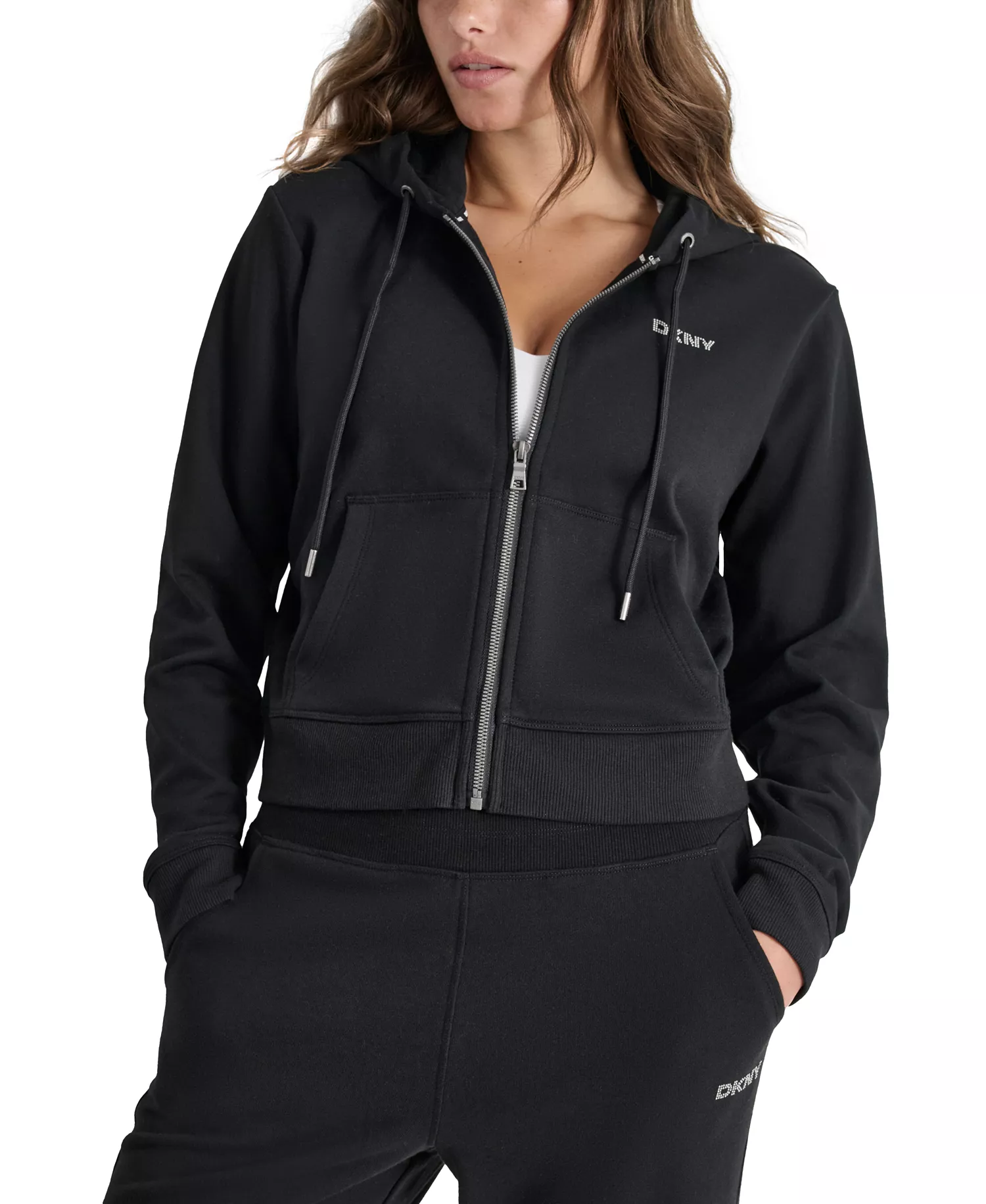 Women's Studded-Logo Full-Zip Fleece Hoodie - Black - L