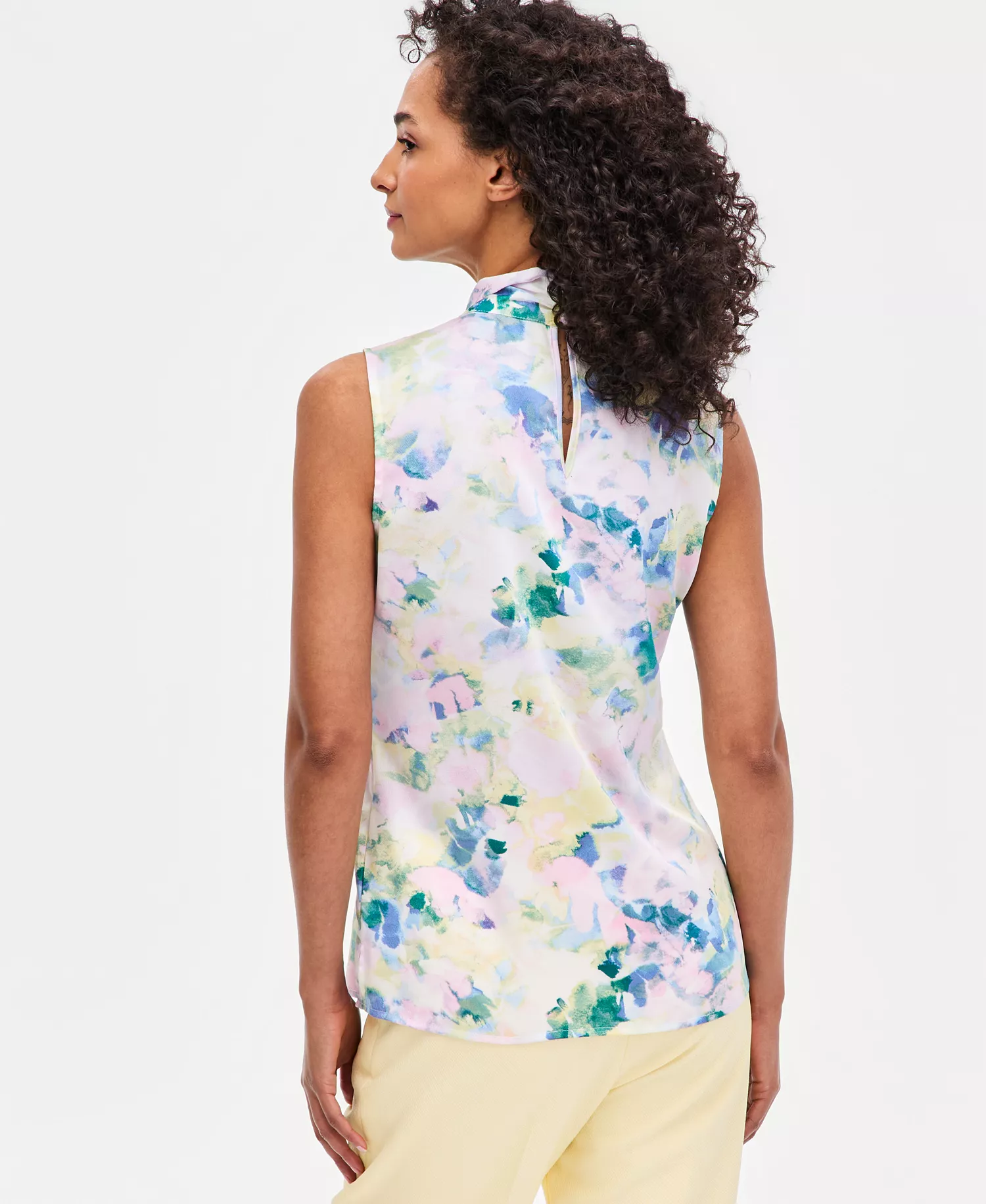 Petite Tie-Front Printed V-Neck Top - Blush Buttercup Watercolor - P/L