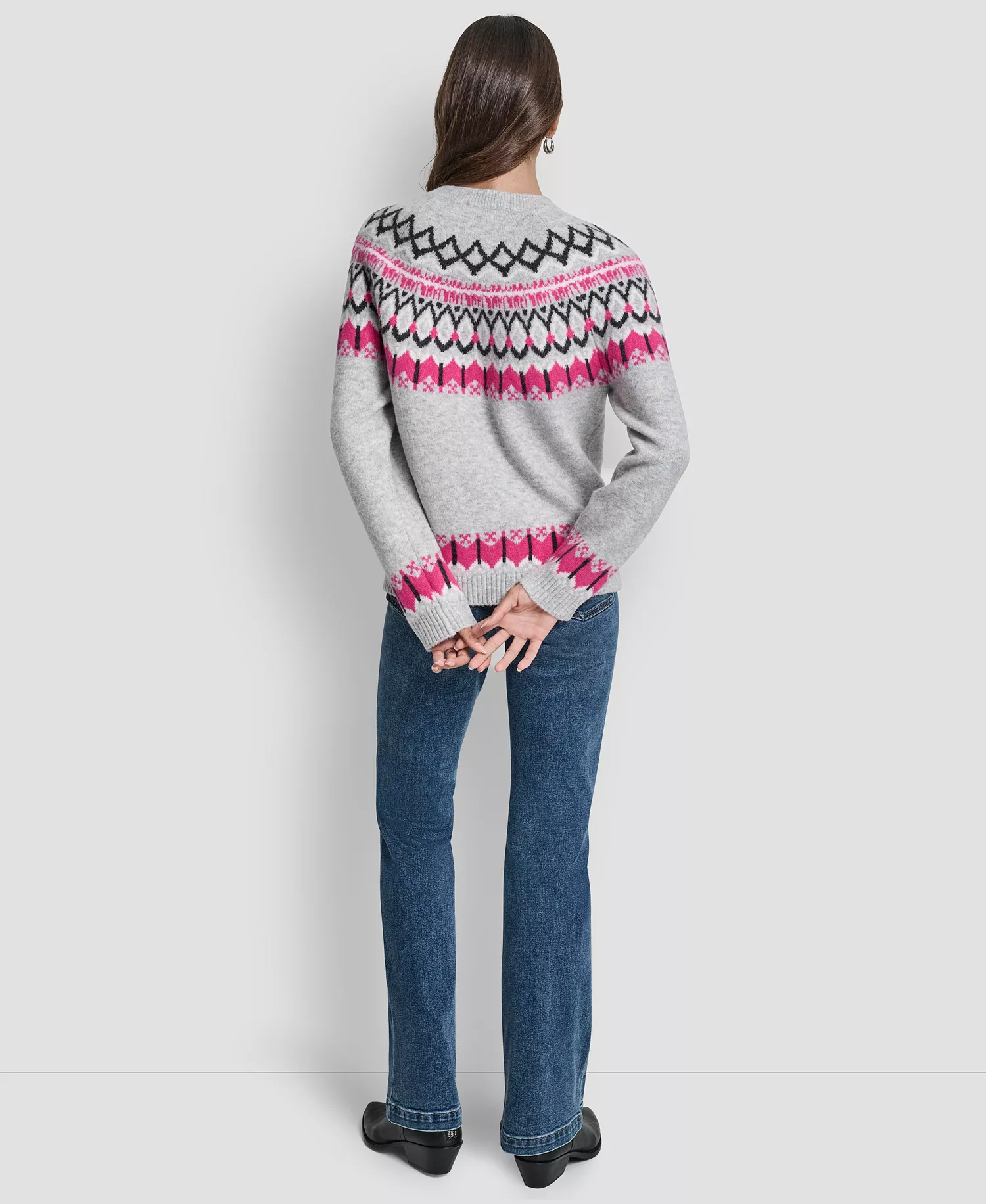 Women's Fair Isle Crewneck Raglan Sweater  - Festve Pink Combo - L