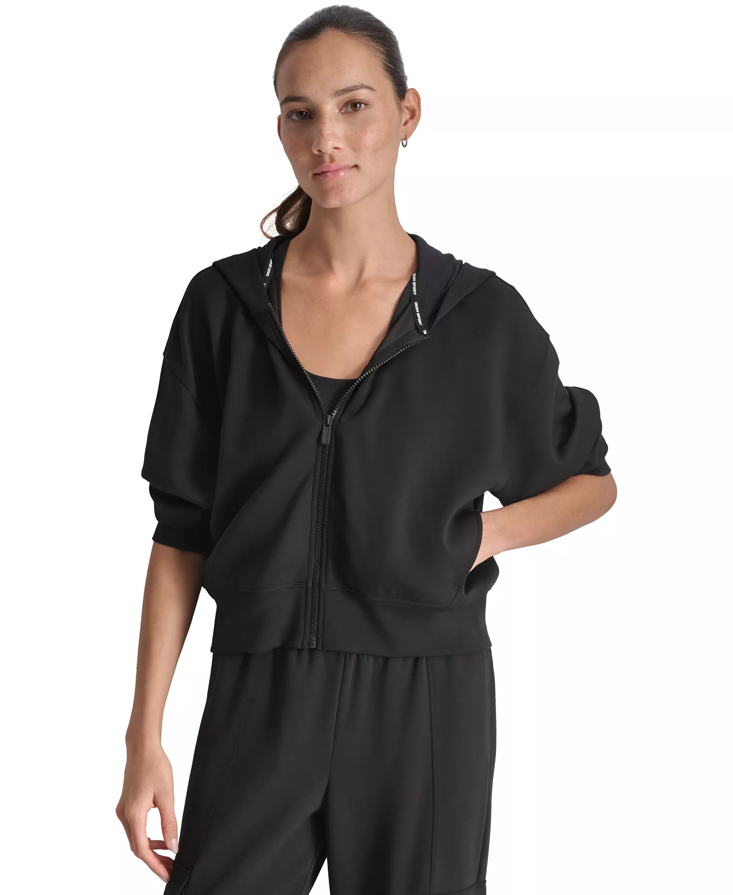 Women's Drop-Shoulder High-Line Zip Scuba Hoodie - Black - L