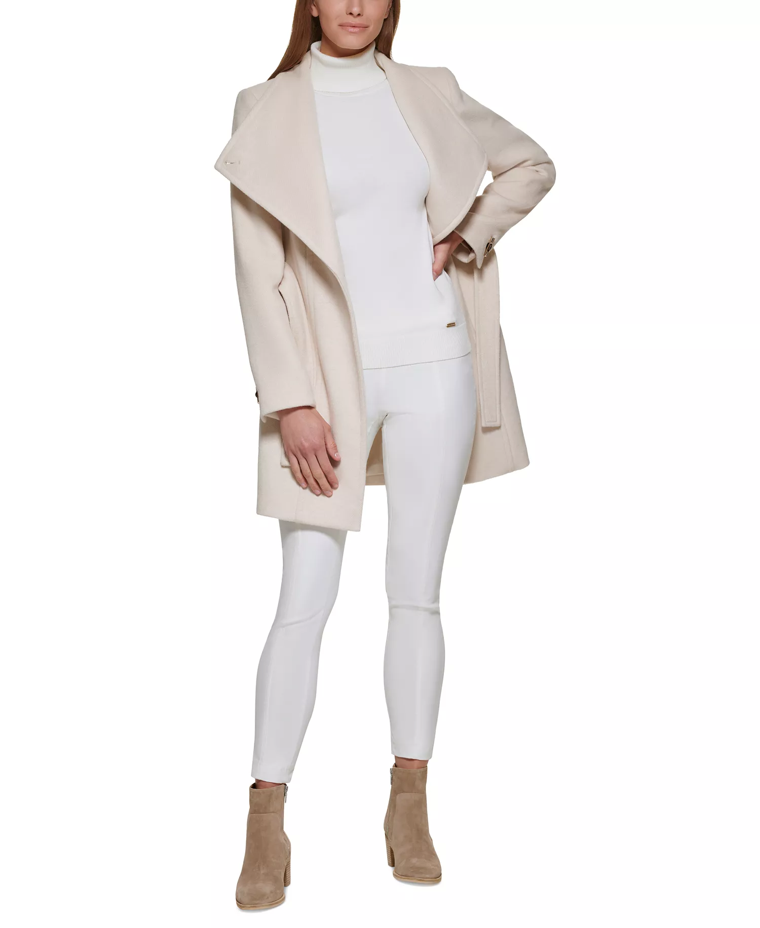 Women's Petite Asymmetrical Belted Wrap Coat, Created for Macy's - Nude - PS
