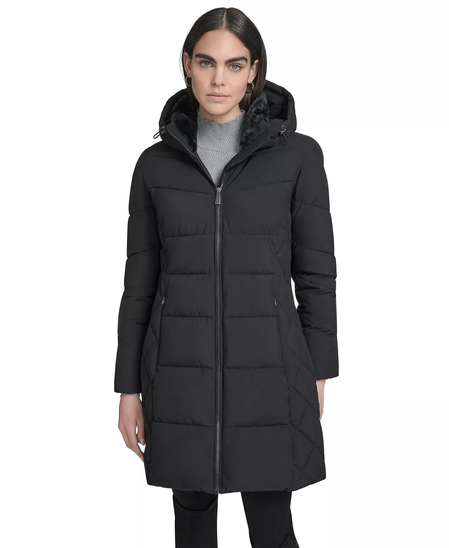 Women's Collar Hooded Puffer Coat - Black - L