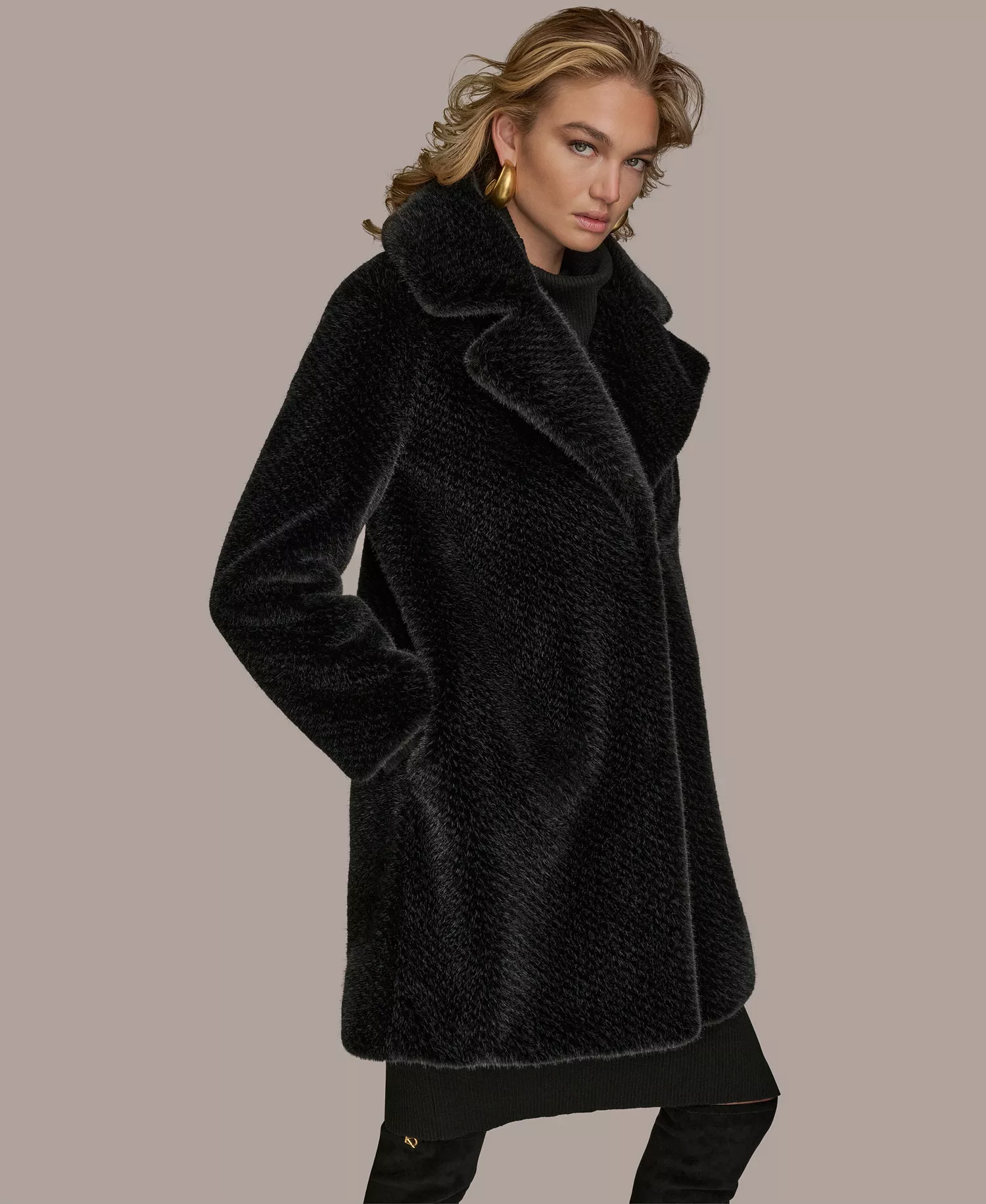 Women's Notched-Collar Faux-Fur Coat - Black - M