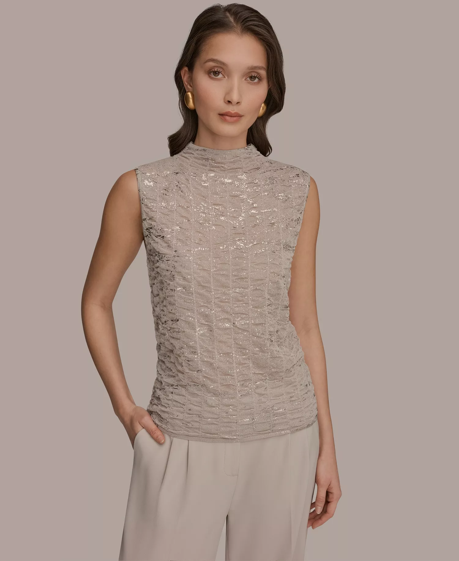 Women's Mock Neck Foil Printed Ruched Sweater - Tuscan Gray - L