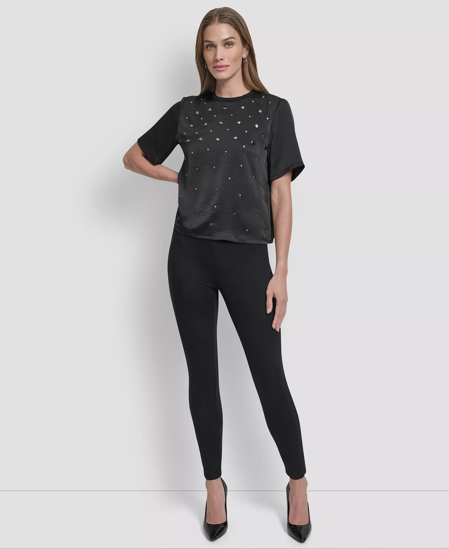 Women's Studded Boxy Short Sleeve Top - Black - S