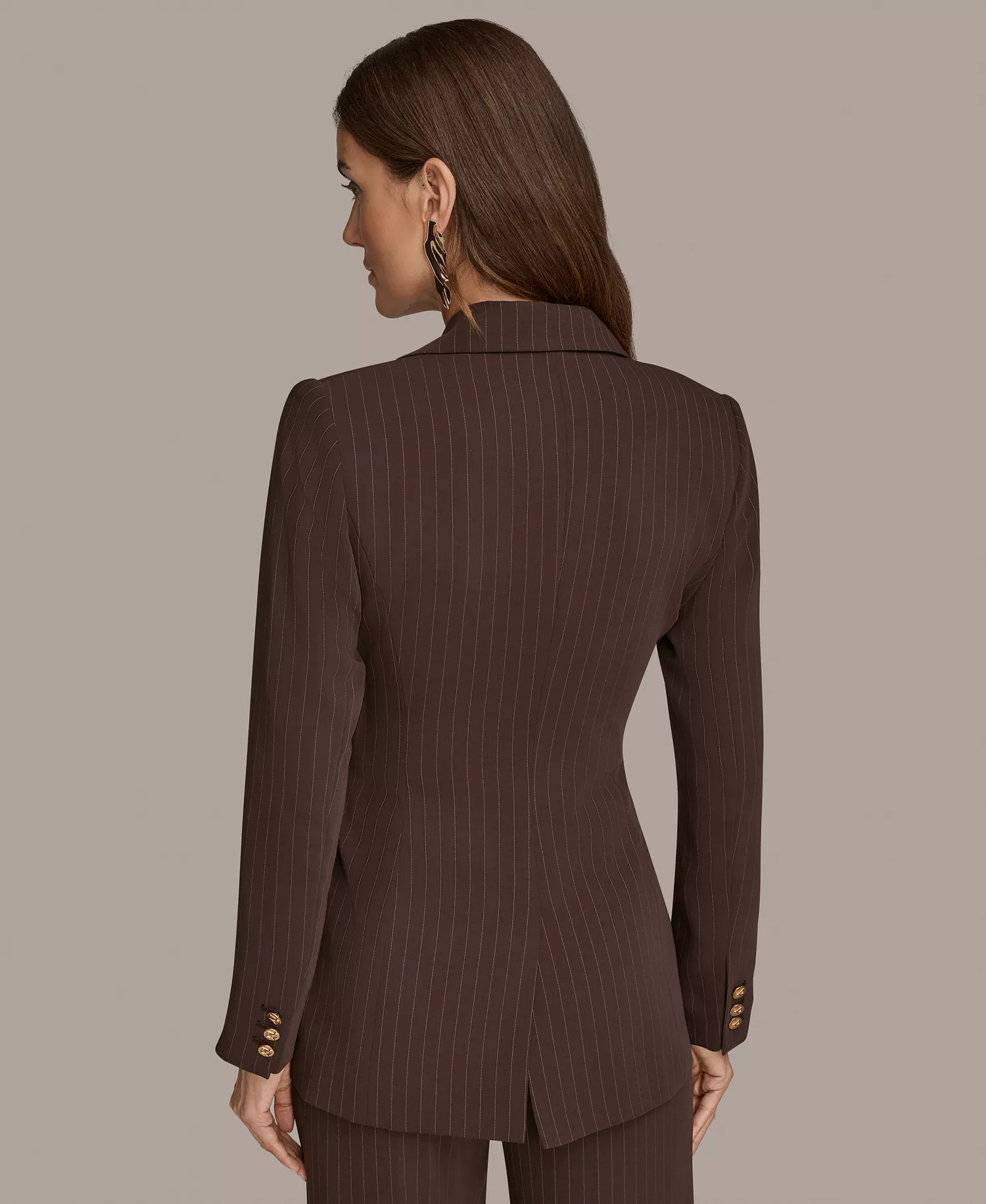 Women's Notch Lapel Collar Pinstripe Tie-Waist Jacket - Chocolate Plum/Nolita - 12