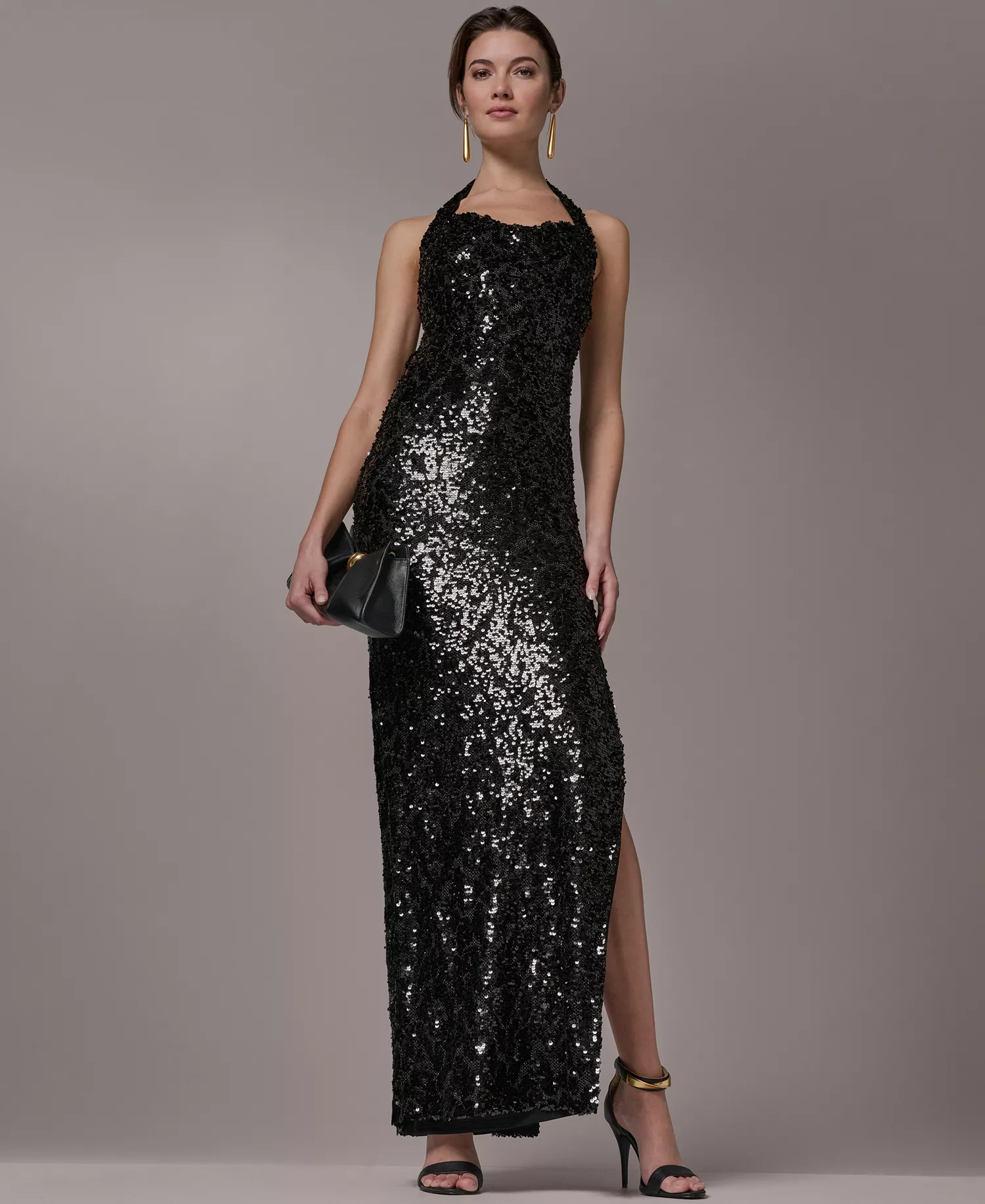 Women's Sequin Halter Neck Ball Gown - BLACK - 10
