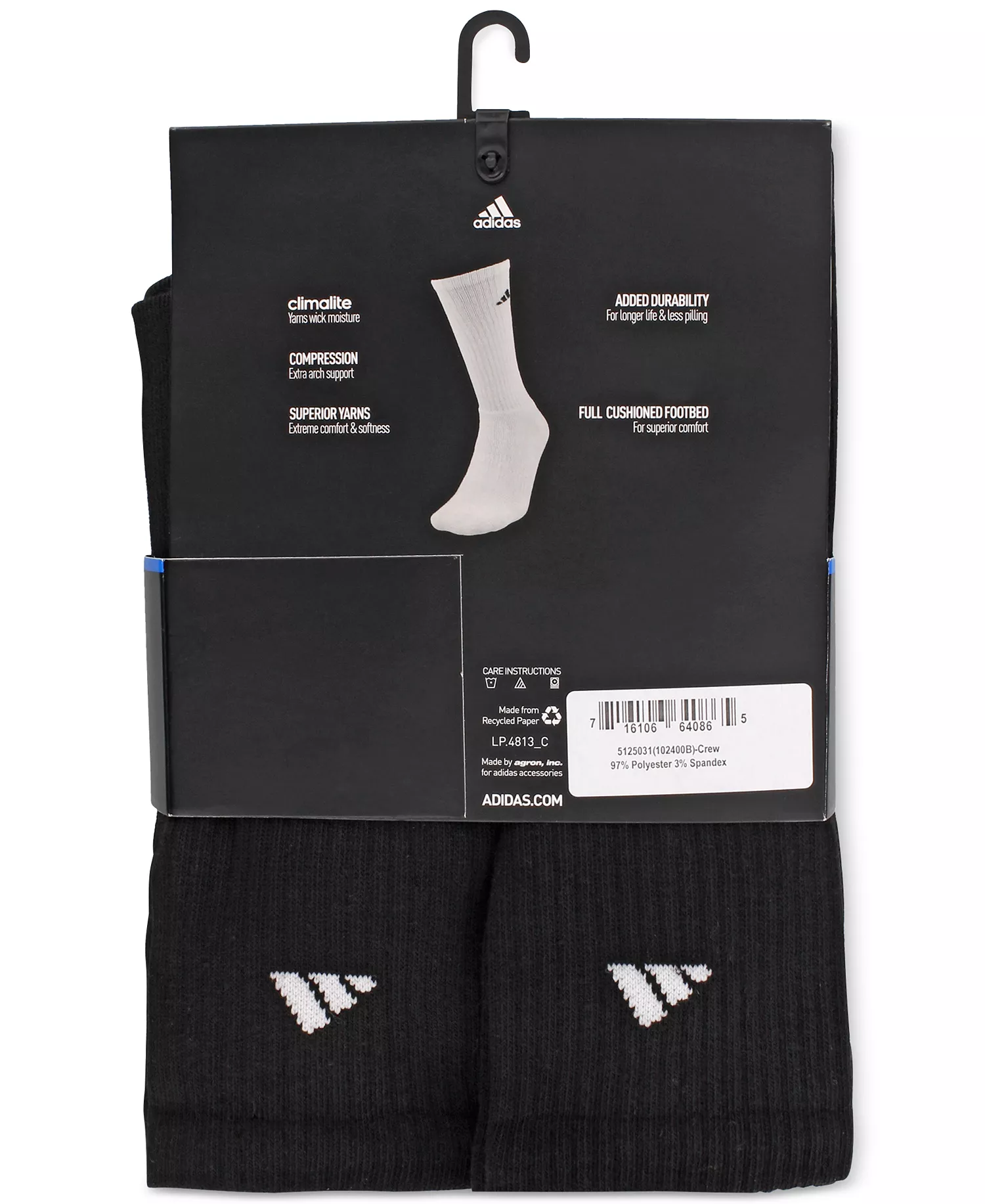 Men's Cushioned Athletic 6-Pack Crew Socks - Black - L (W 10-13 / M 8-12)