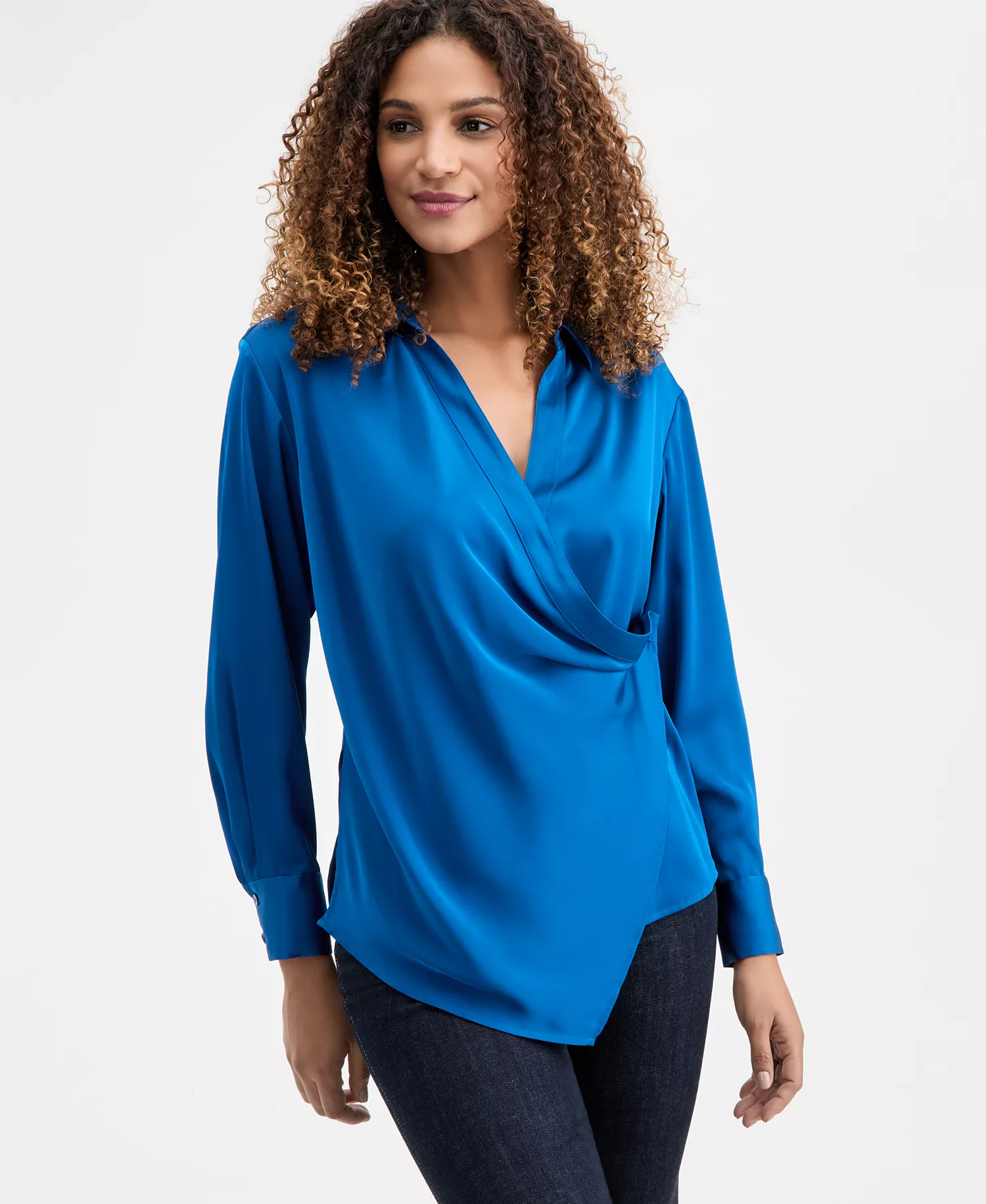 Women's Long-Sleeve Wrap Top, Macy's Exclusive - Cobalt Dream - L