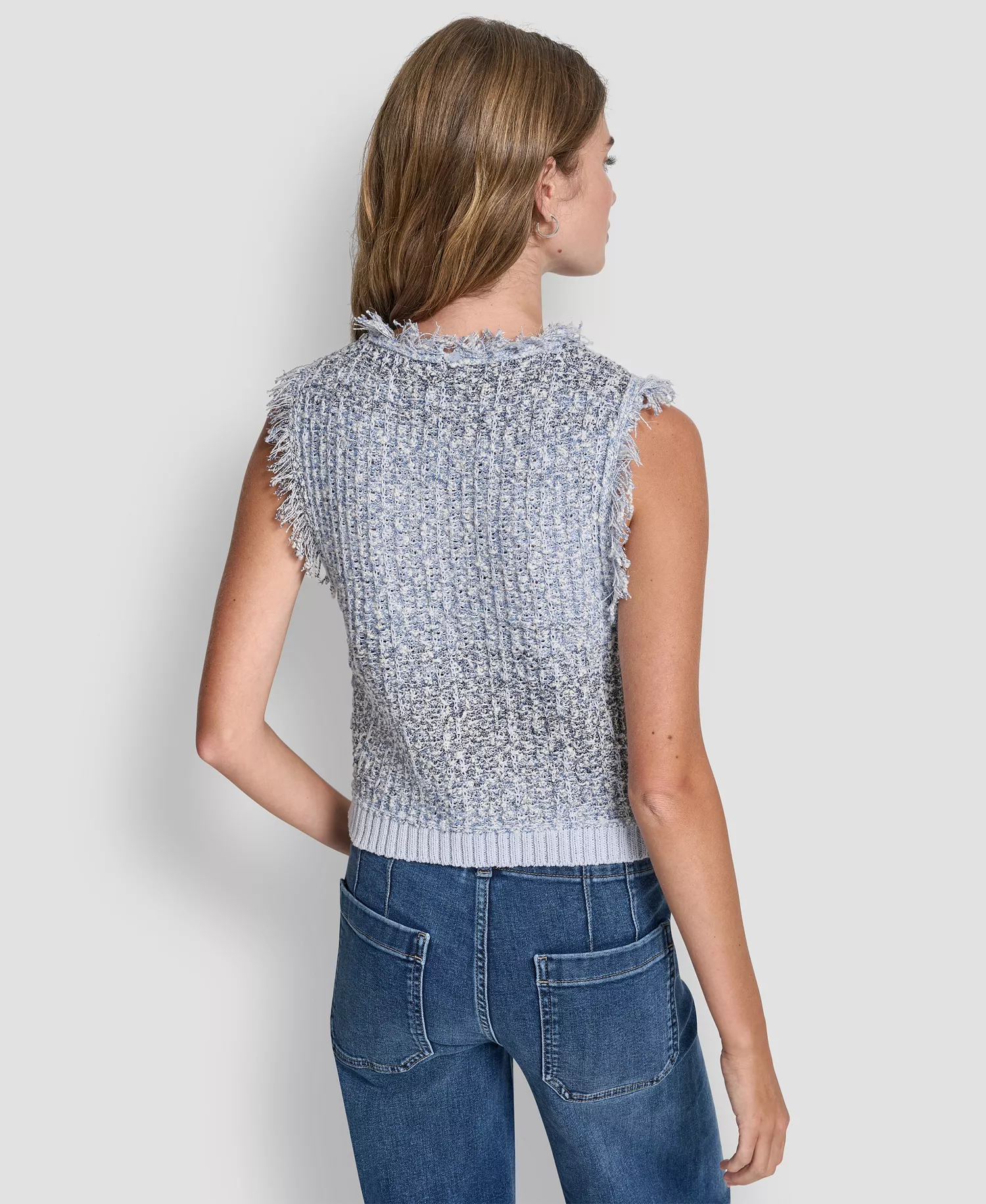 Women's Sleeveless Tweed Fringe Trimmed Sweater - Frost Blue Combo - L