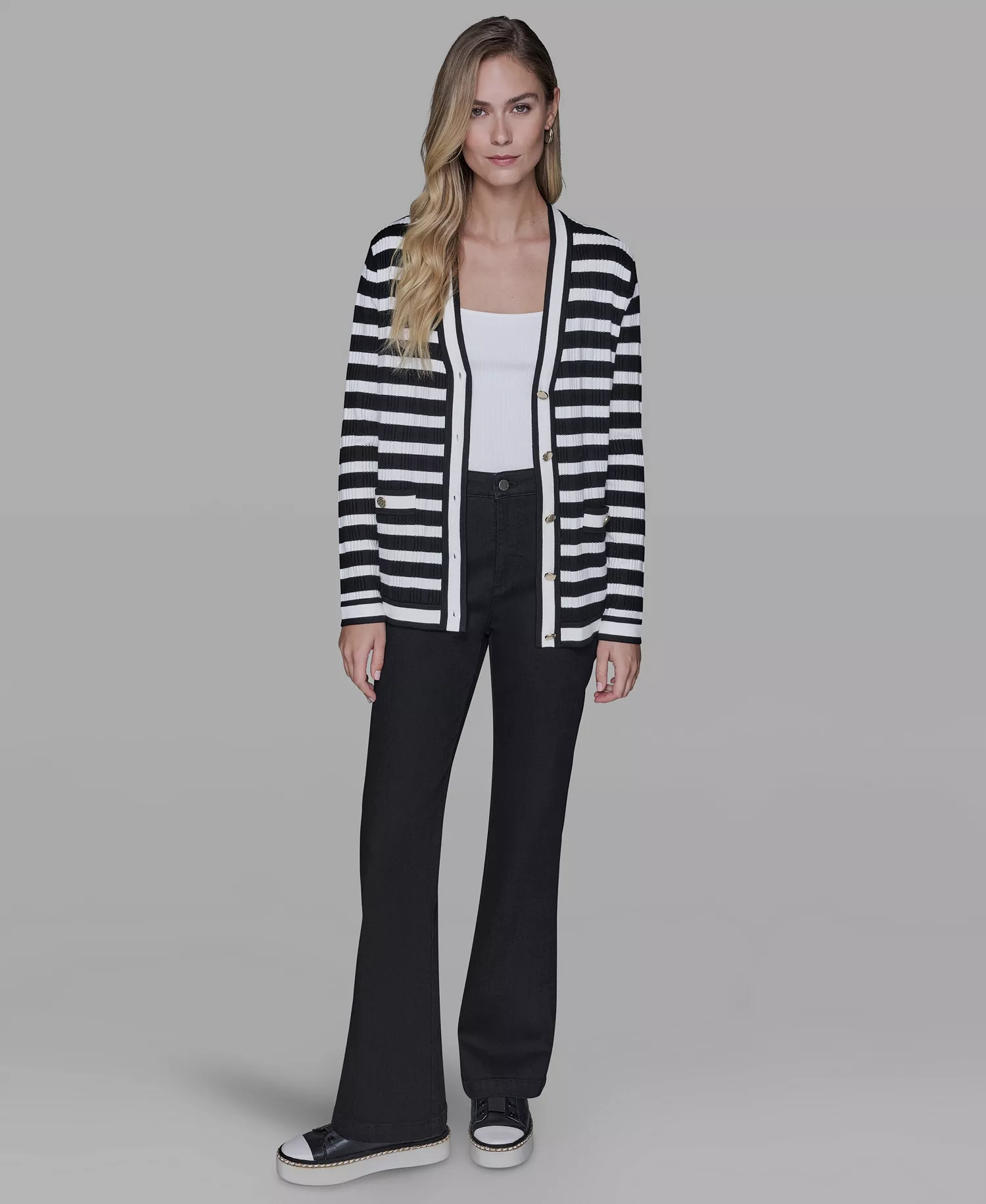 Petite Striped Long-Sleeve Cardigan Sweater - Black/Soft White - P/L