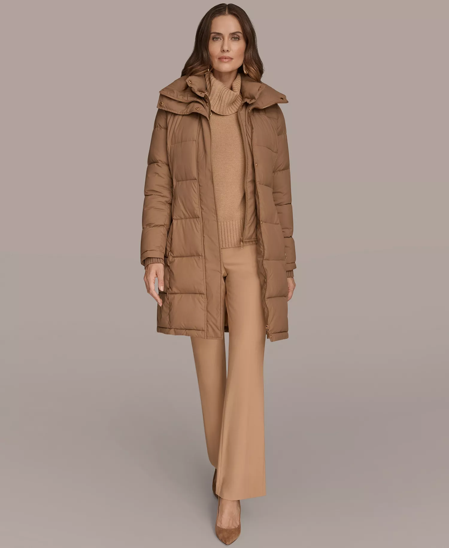Women's Belted Bibbed Puffer Coat - Antiq gold - L