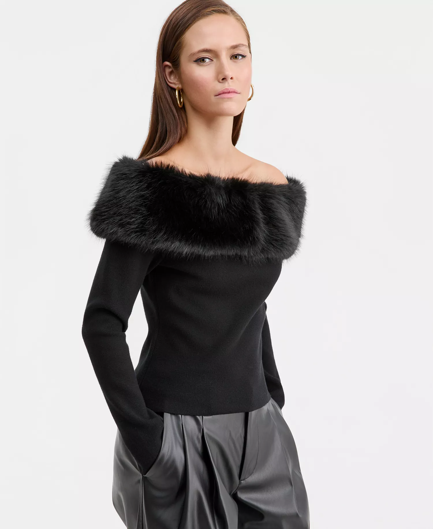 Women's Off-The-Shoulder Faux-Fur-Trim Top, Macy's Exclusive - Deep Black - L