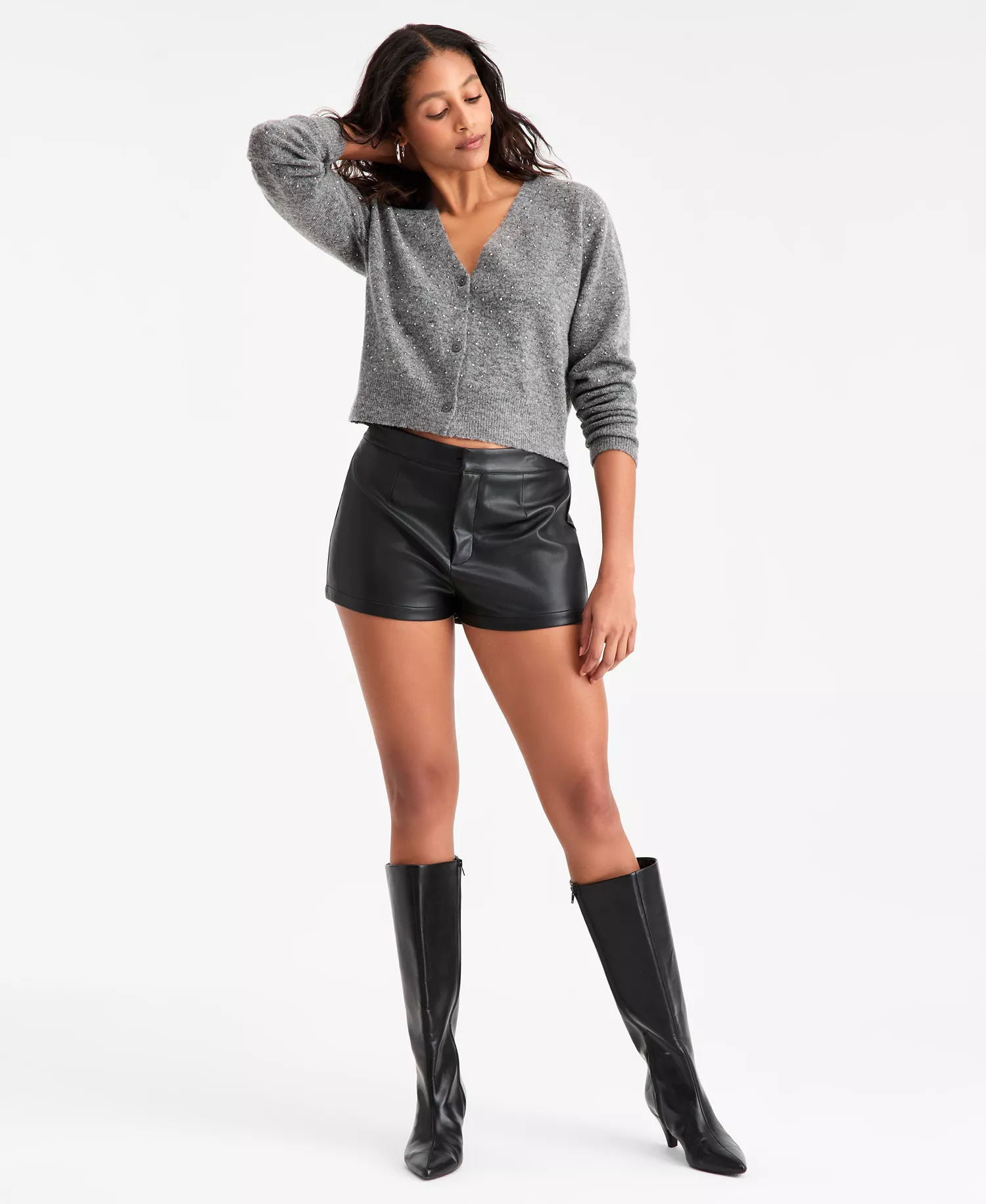 Women's Studded V-Neck Cardigan Sweater, Macy's Exclusive - Grey - L