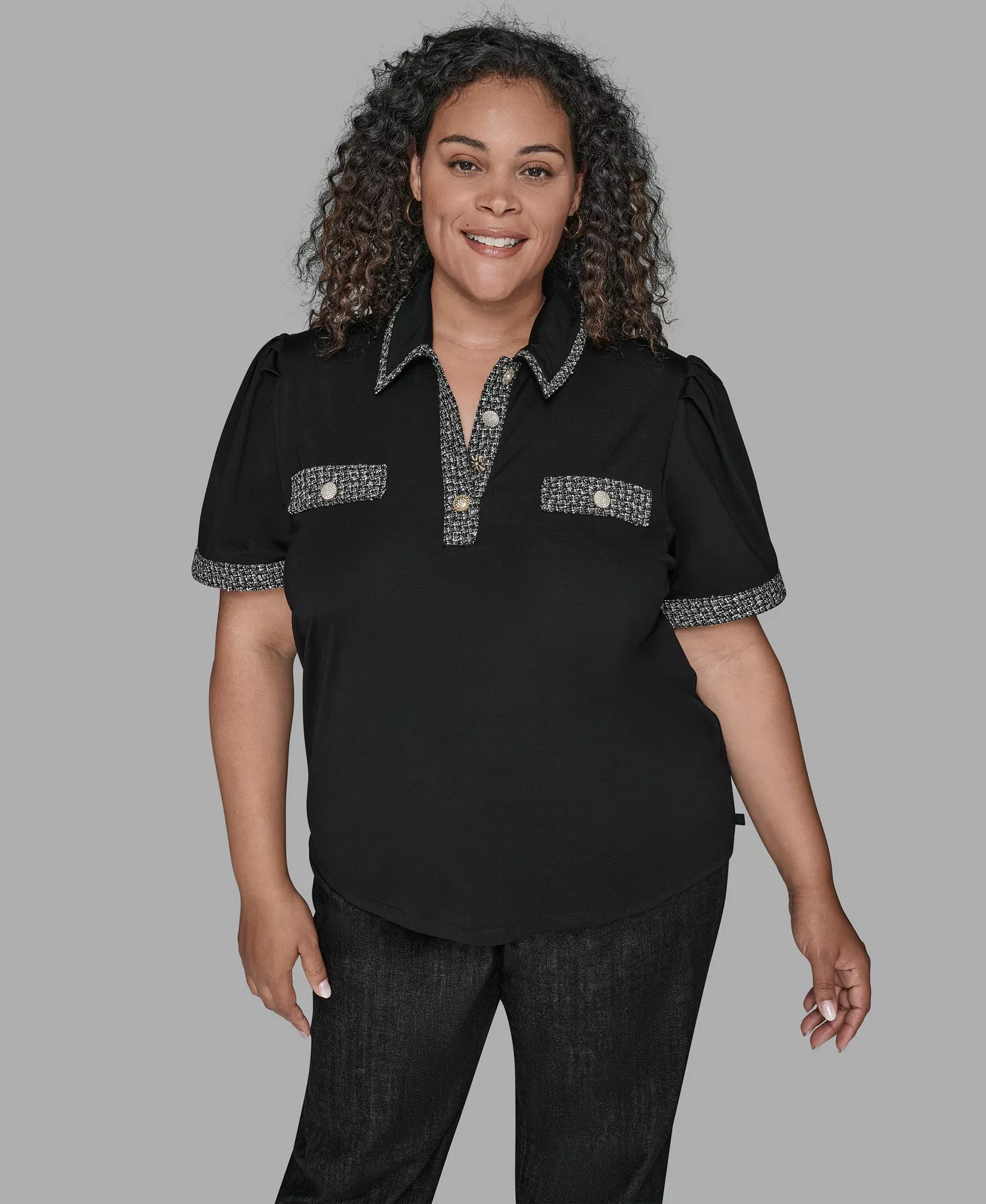 Plus Size Short Sleeve Tweed Trim Knit Top - Black - 2X