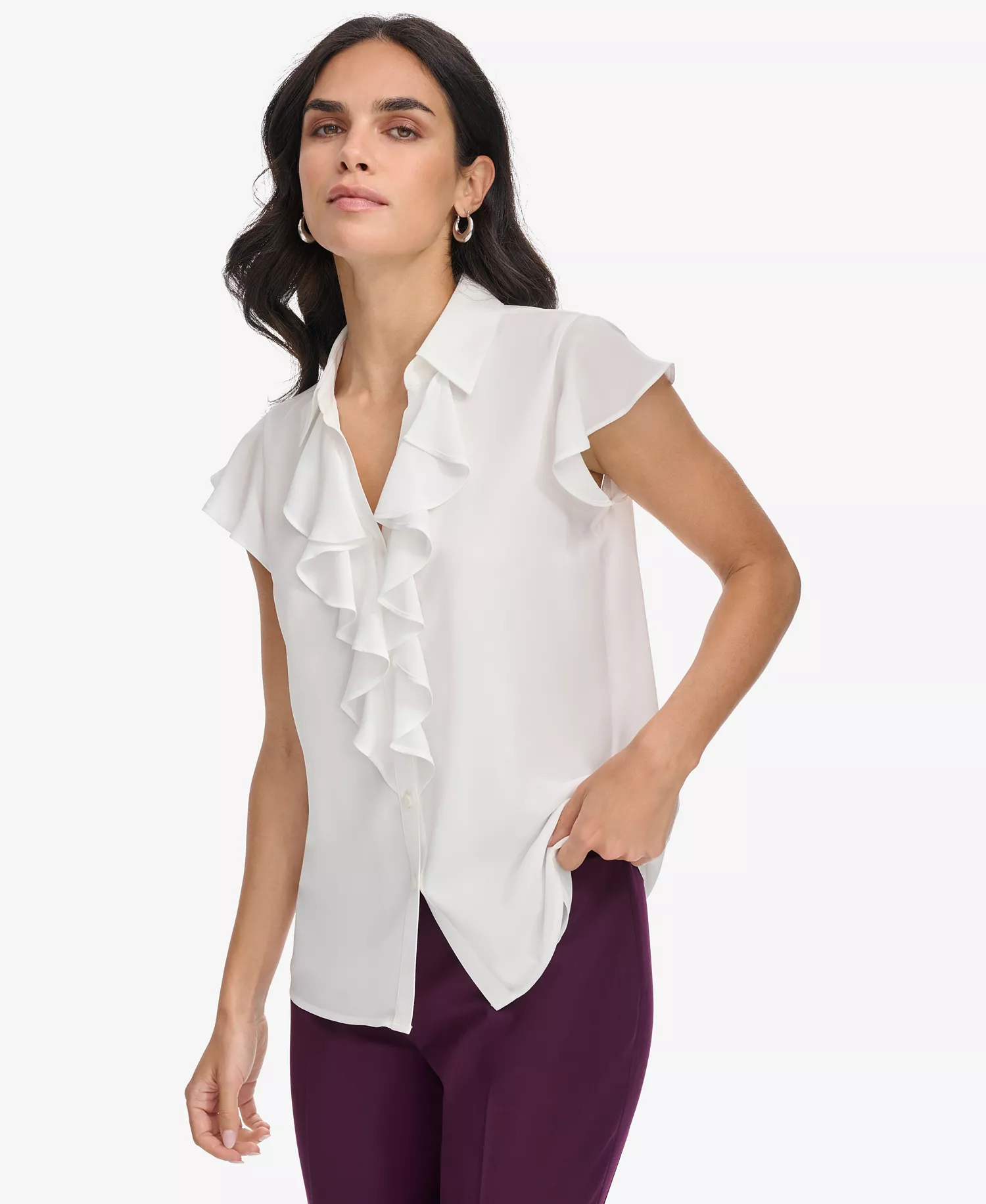 Women's Collared Ruffled Short-Sleeve Blouse - Cream - L