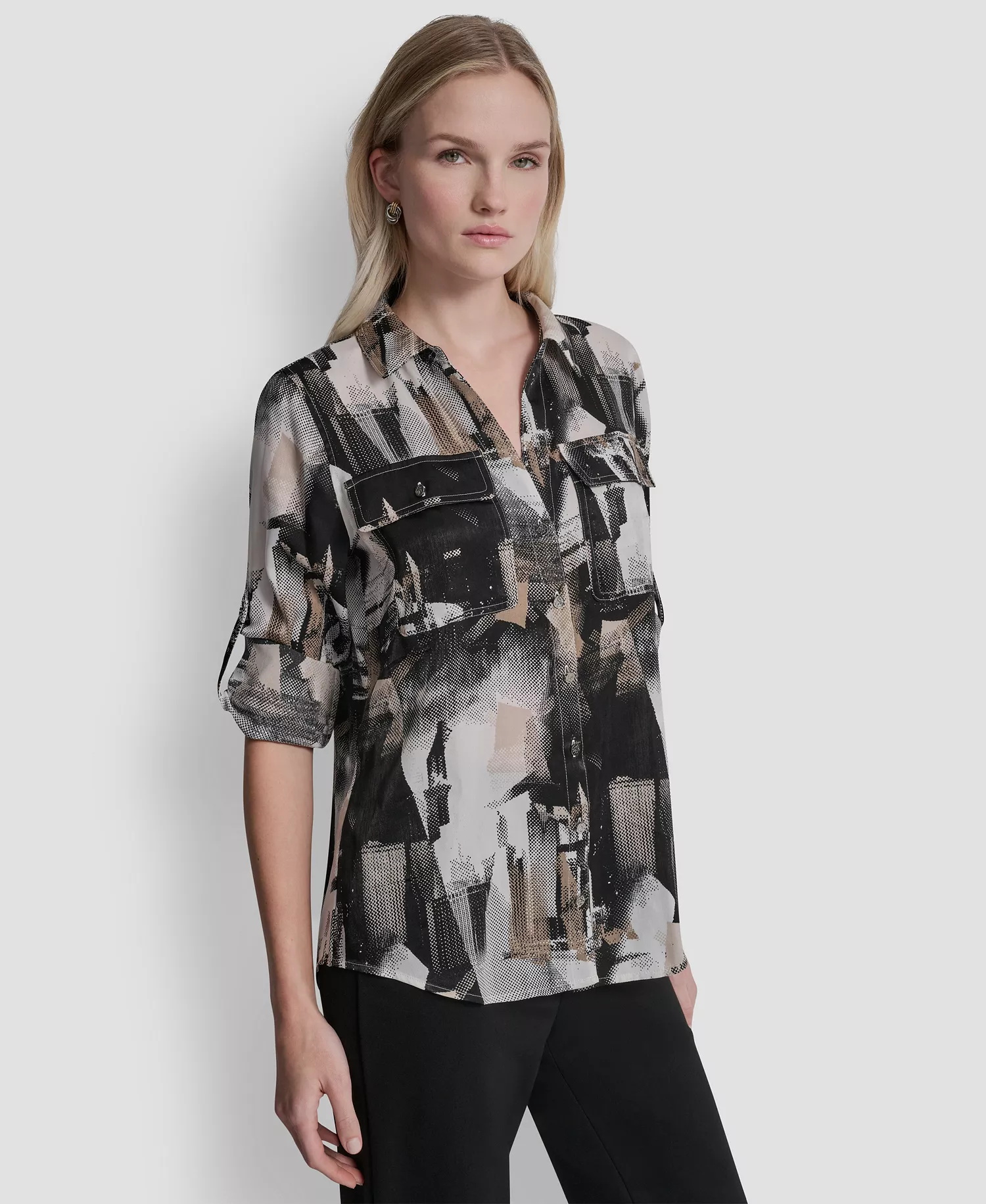 Women's Printed Roll-Tab Shirt - Ivory Skyline Collage - L