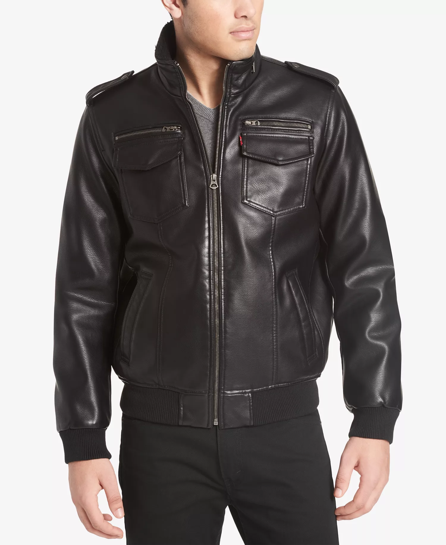 Men's Sherpa Lined Faux Leather Aviator Bomber - Black - 2XL