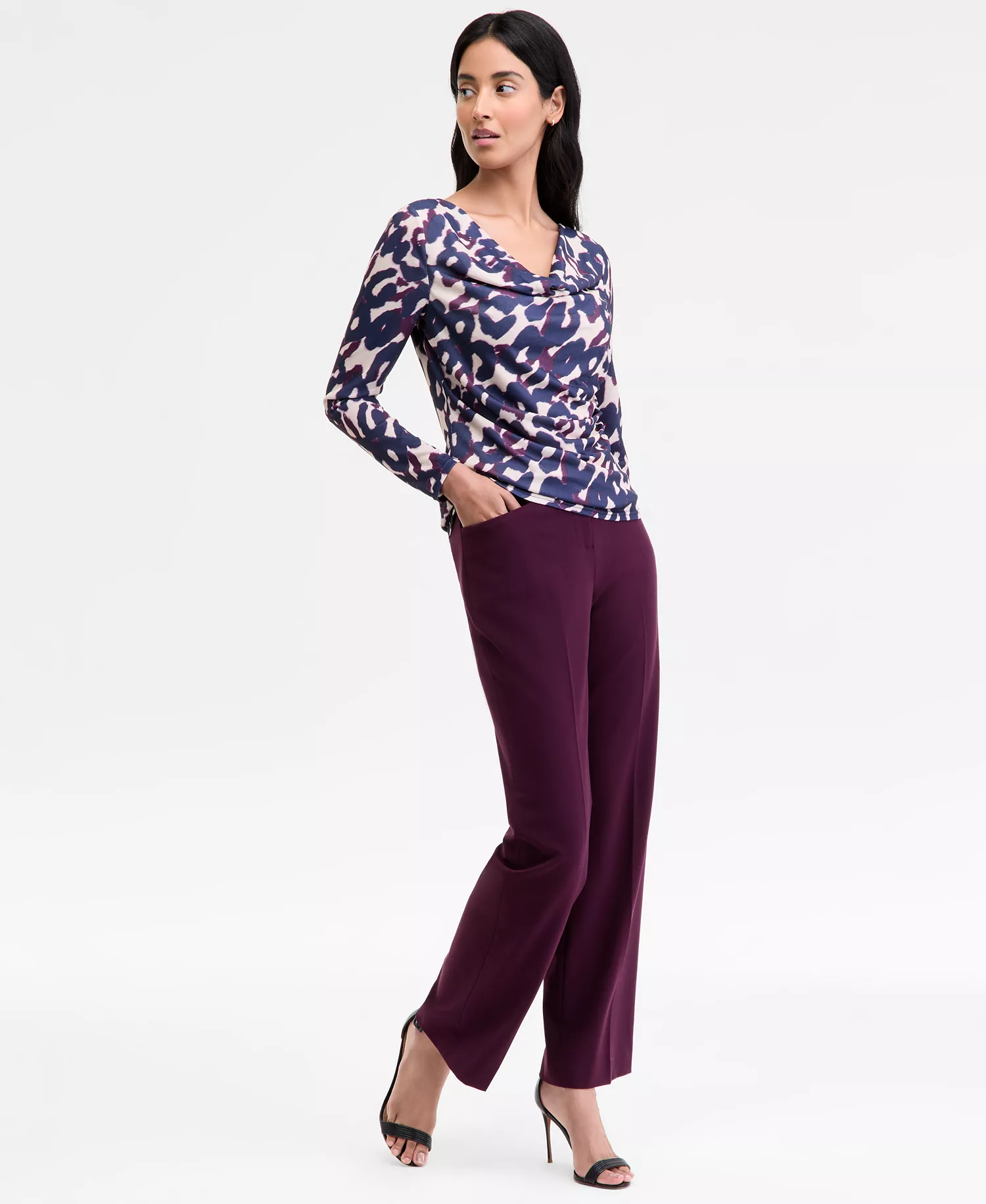 Petite Cowl-Neck Draped-Waist Top - Plum Leopard - P/L