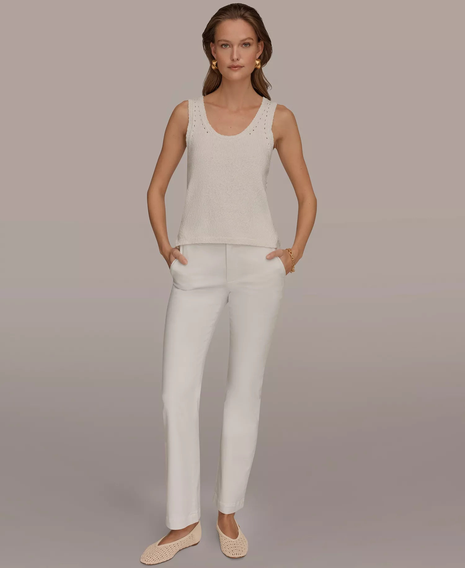 Women's Scoop Neck Pointelle Stitched Tank - Cream - L