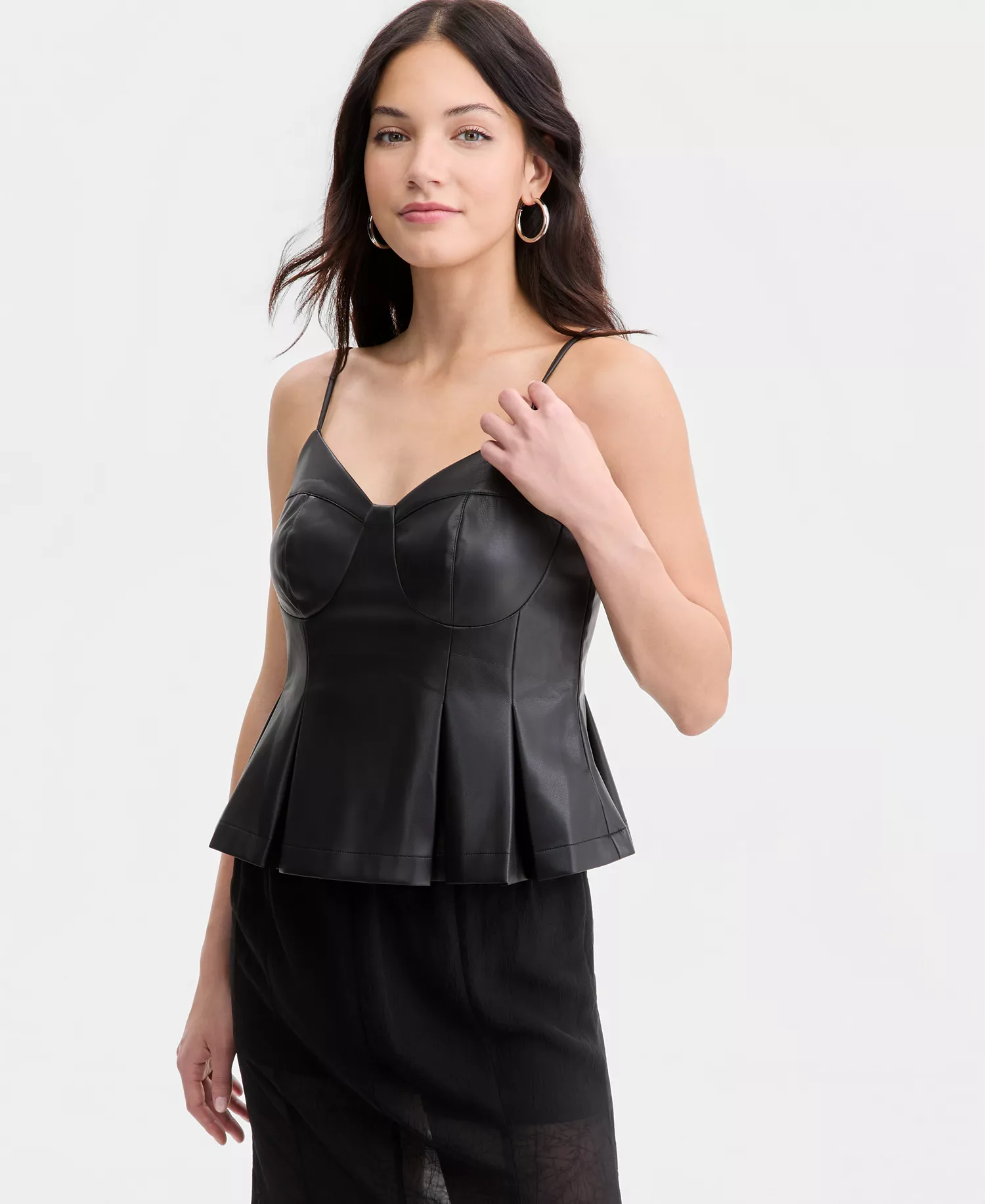 Women's Faux-Leather Peplum Top, Macy's Exclusive - Deep Black - L