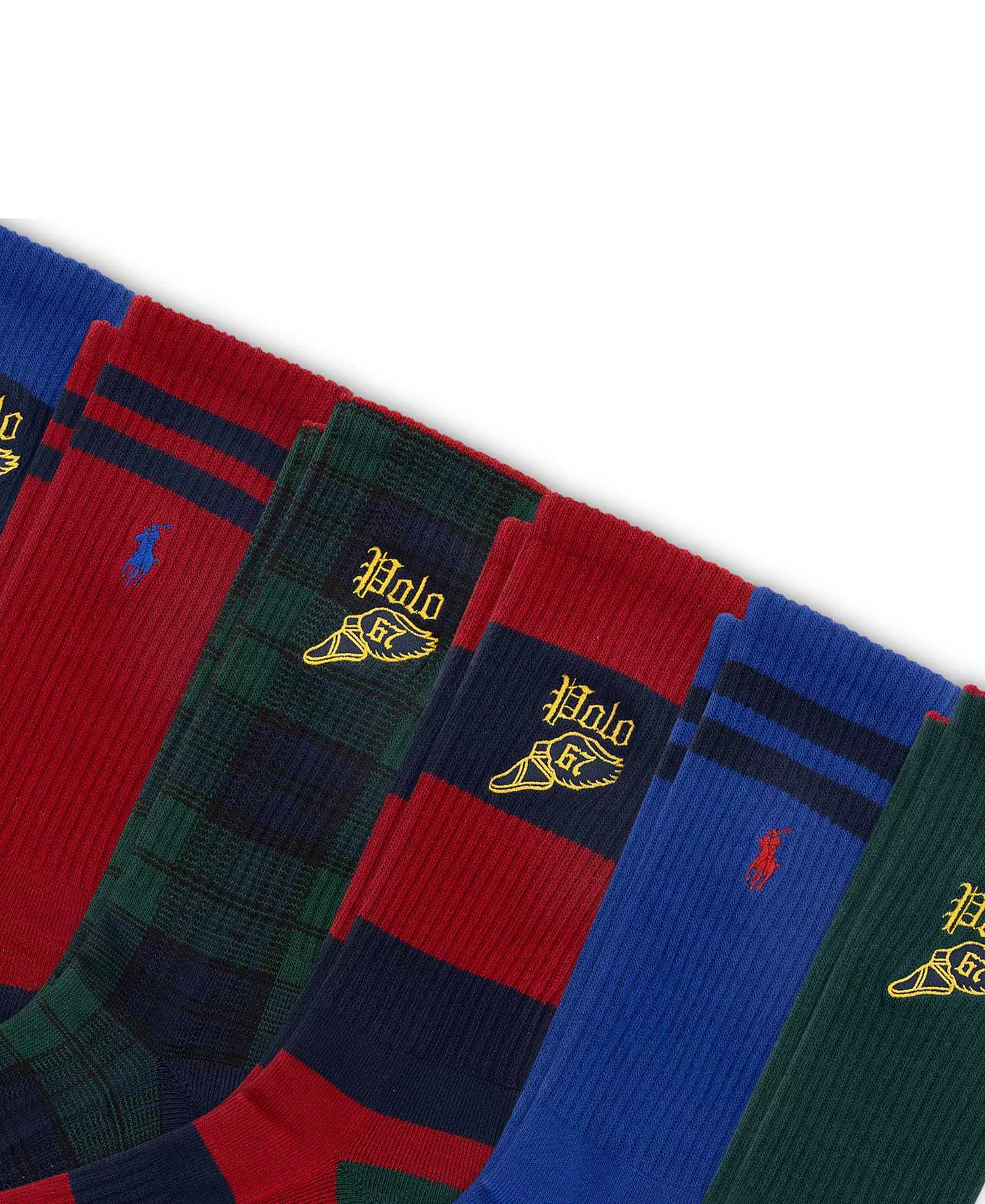 Men's Blackwatch Tartan & P-Wing Crew Socks, 6-Pack - Blue/navy/Red/Green - 10-13