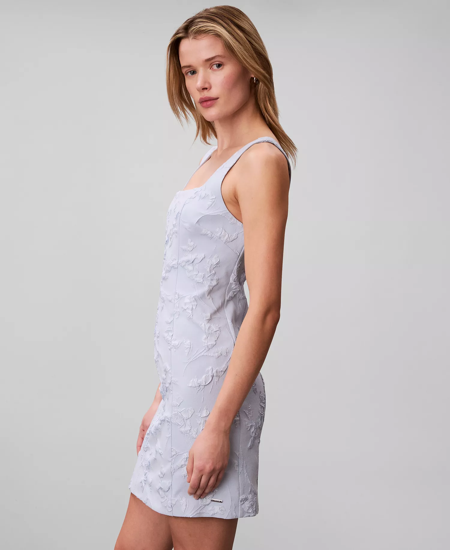 Women's Floral Square Neck Mini Dress - Breezy Blue Floral Cuttings Cloque Jacquard - 10