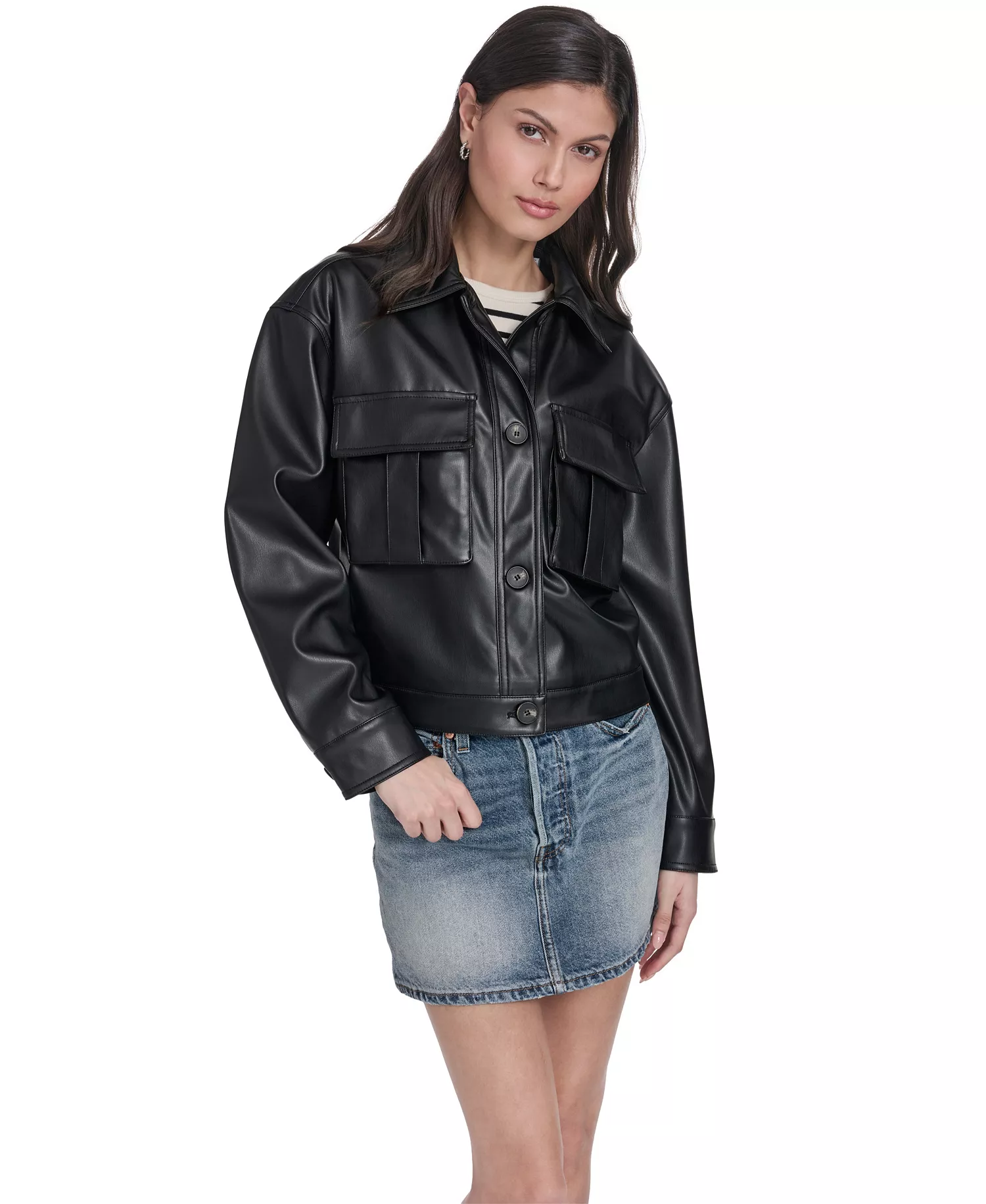 Women's Faux Leather Button Closure Shacket - Black - L
