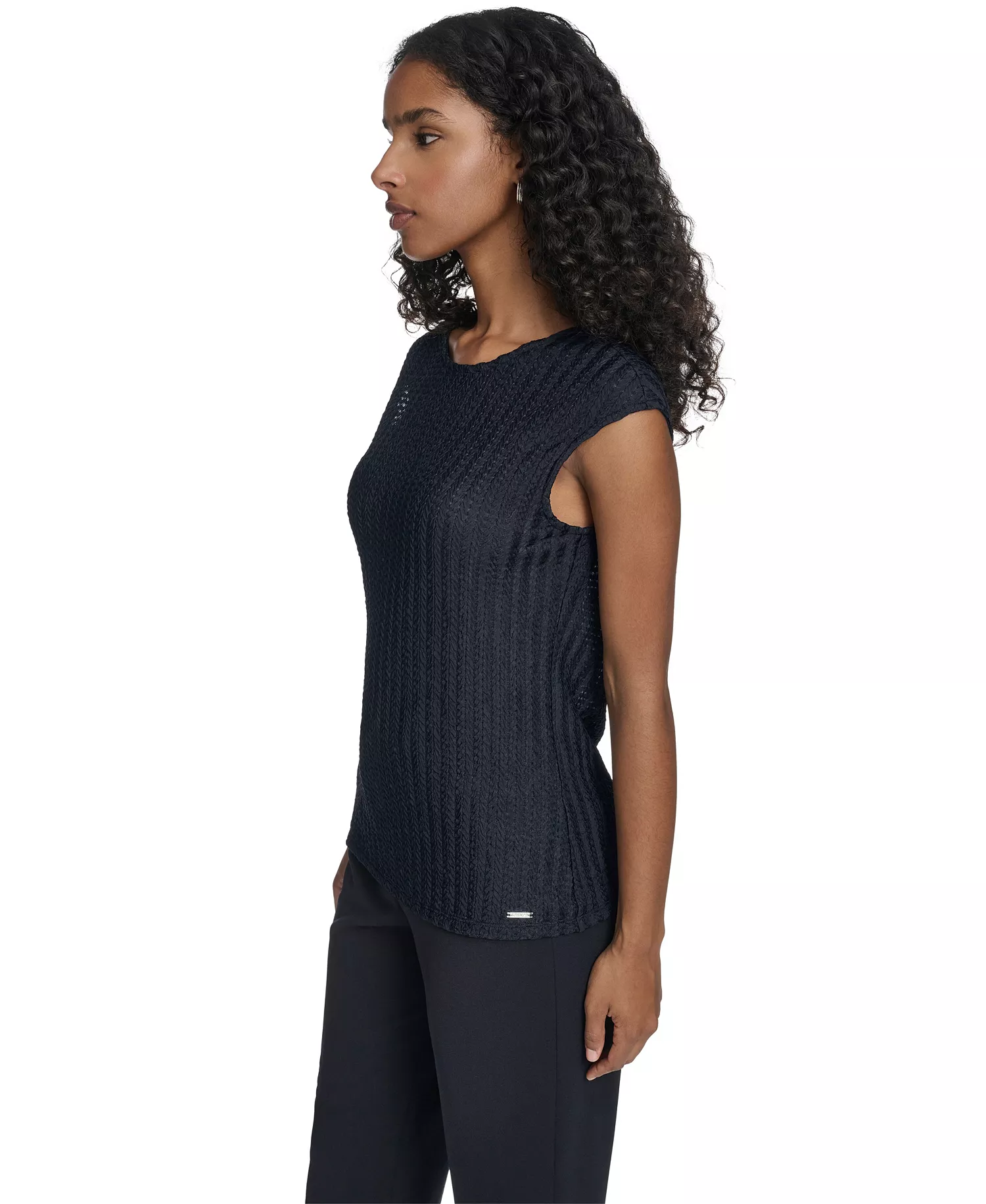 Women's Textured Cap Sleeve Top - Navy - L