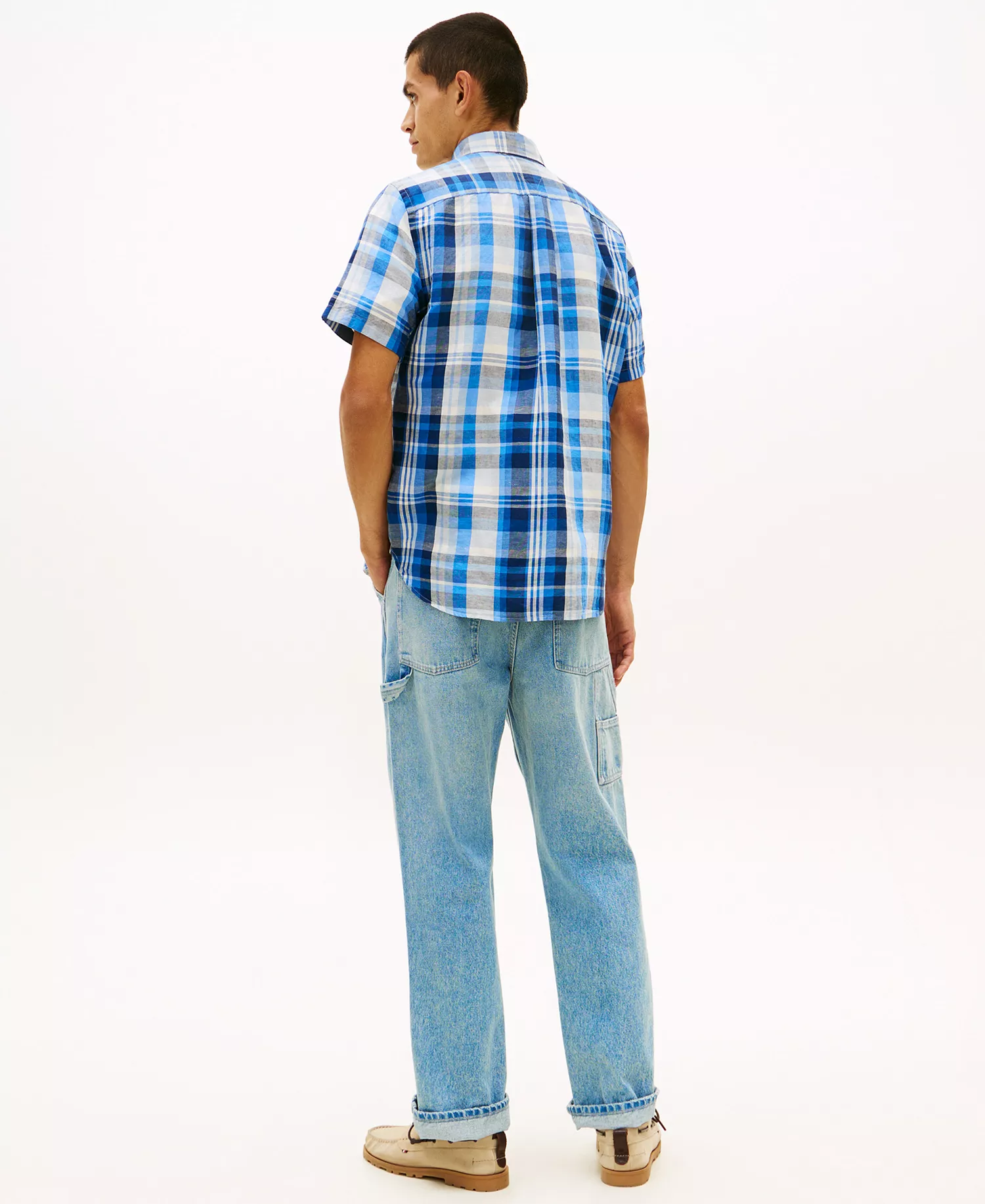 Men's Check Plaid Linen-Blend Short-Sleeve Shirt - Preppy Navy / Check - L