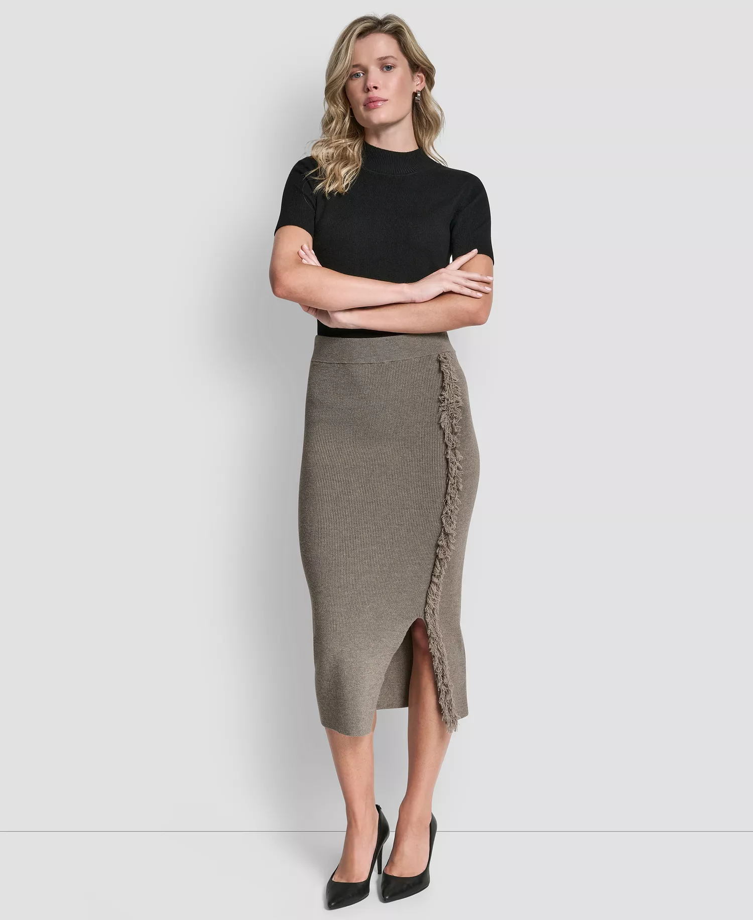 Women's Fringe Detail Bodycon Midi Sweater Skirt - City Taupe Heather - L