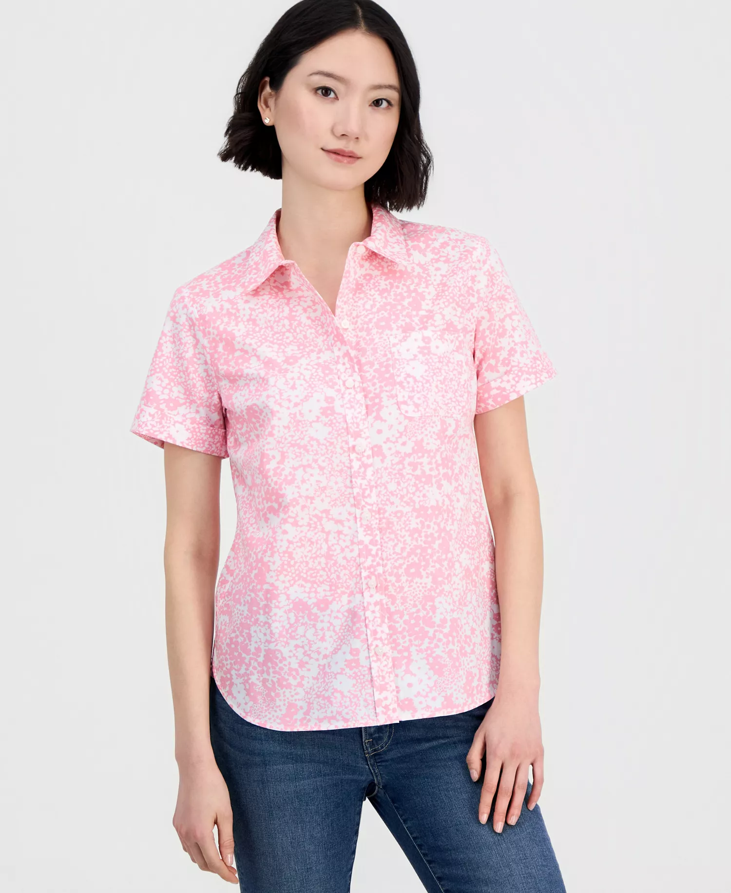 Nautica Women's Shadow Floral Cotton Camp Shirt - English Rose/ Bright White - L