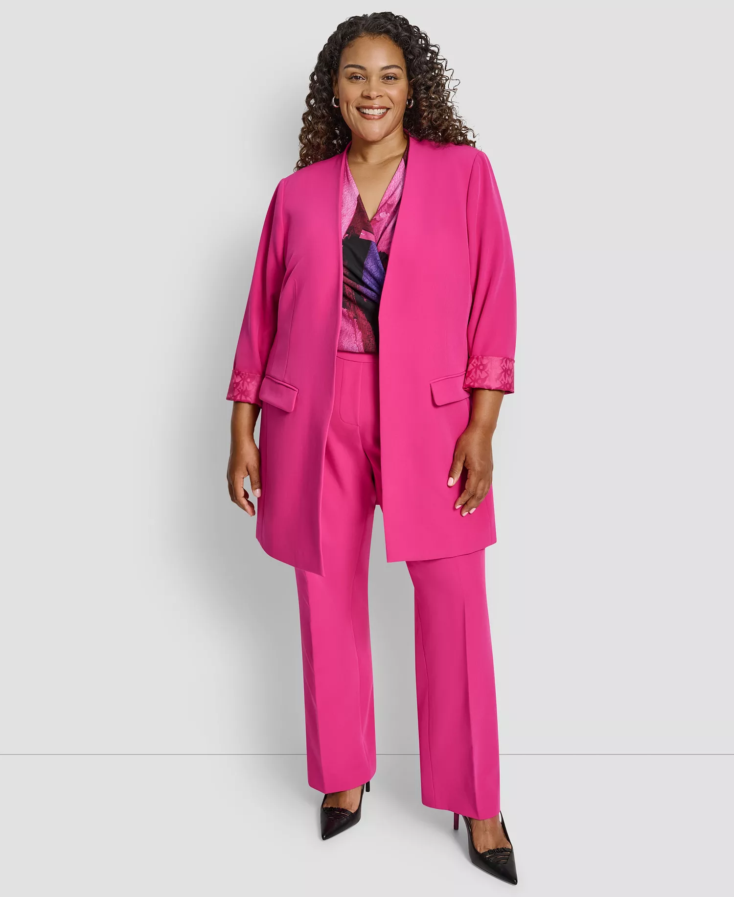 Plus Size Open Front Collarless Jacket - Fuchsia - 14W