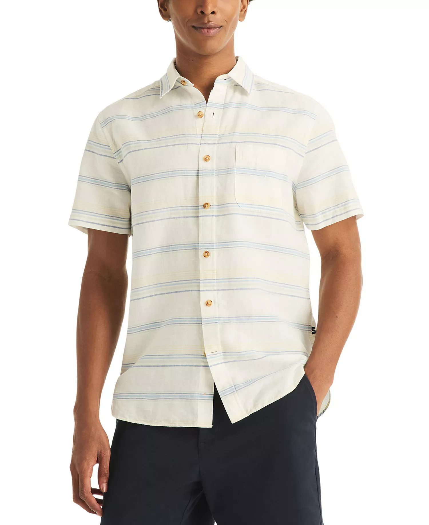 Men's Short-Sleeve Linen-Blend Horizontal Stripes Shirt - Sail White - L